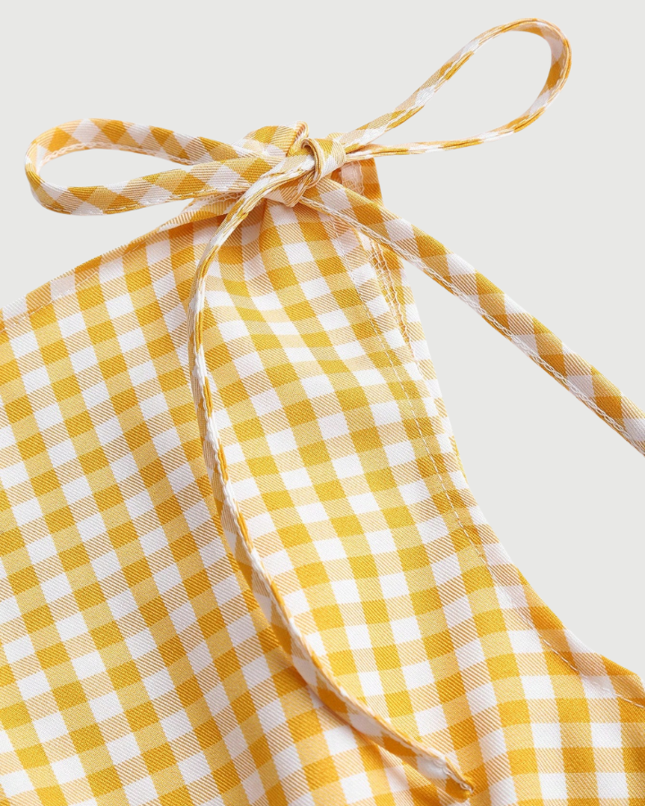 French Style Plaid Tie Shoulder Fitted Tank Top-yellow & White