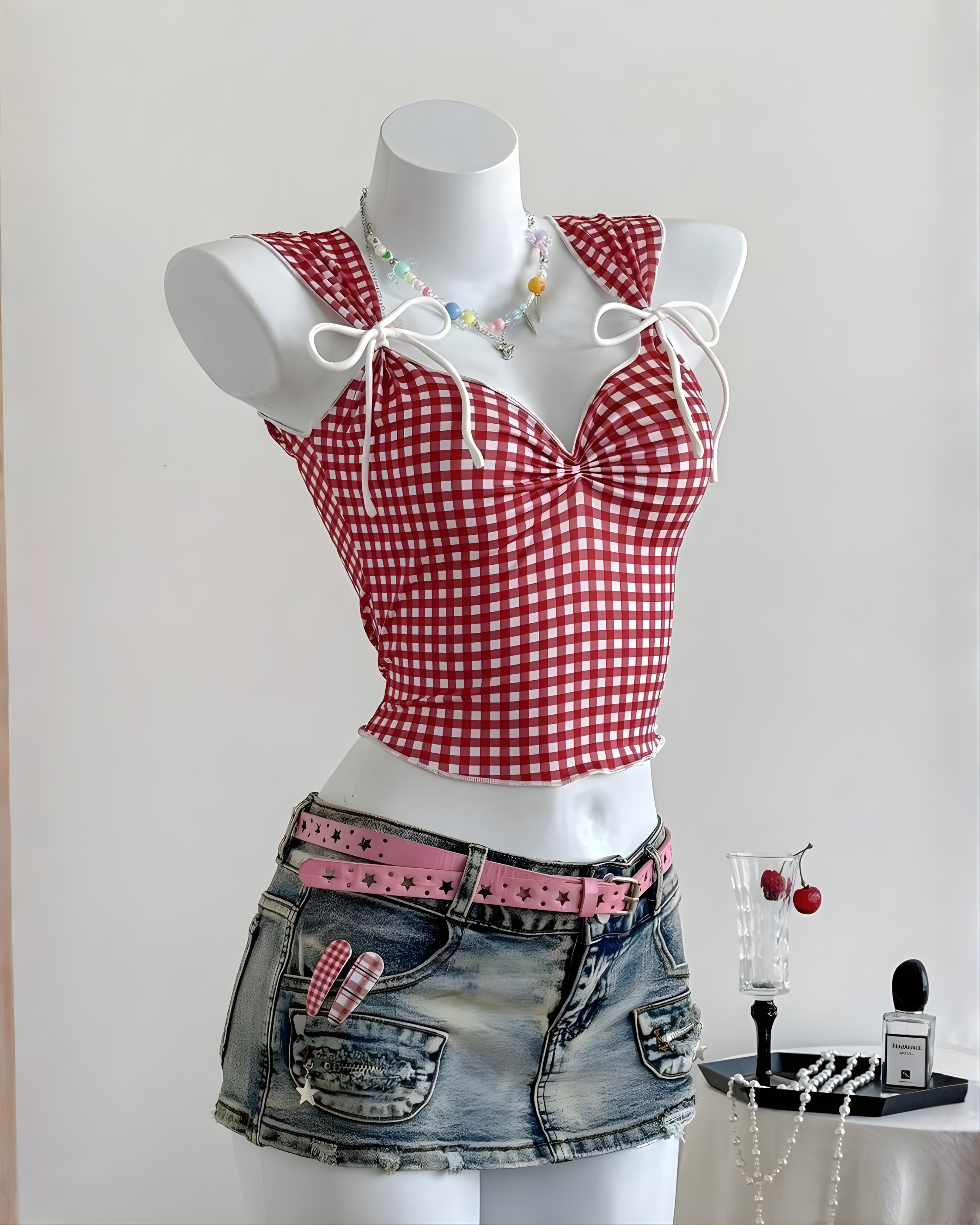 Plaid Sweetheart Knotted Front Top-Red & White