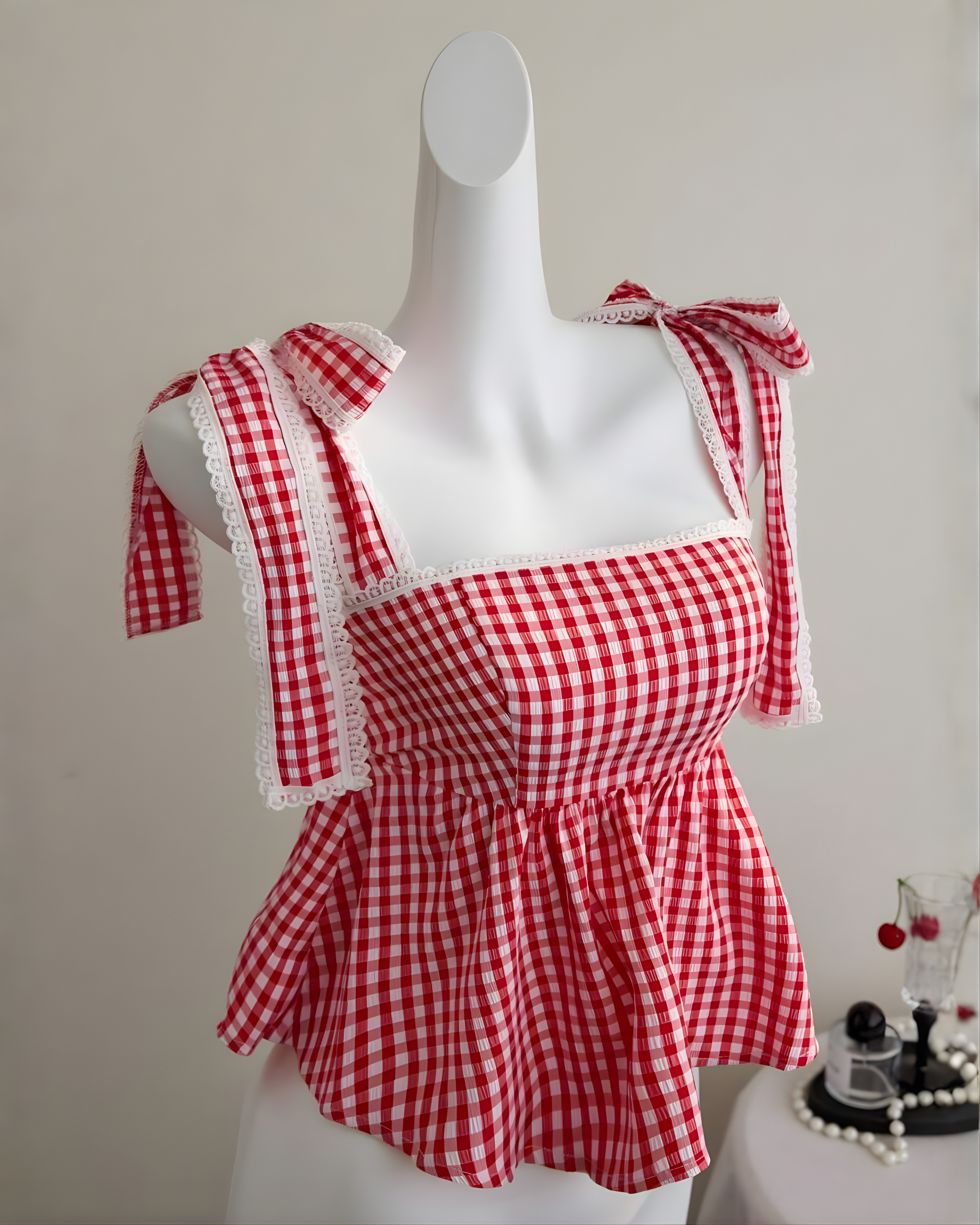 Square Neck Lace Patchwork Plaid -Pink & White