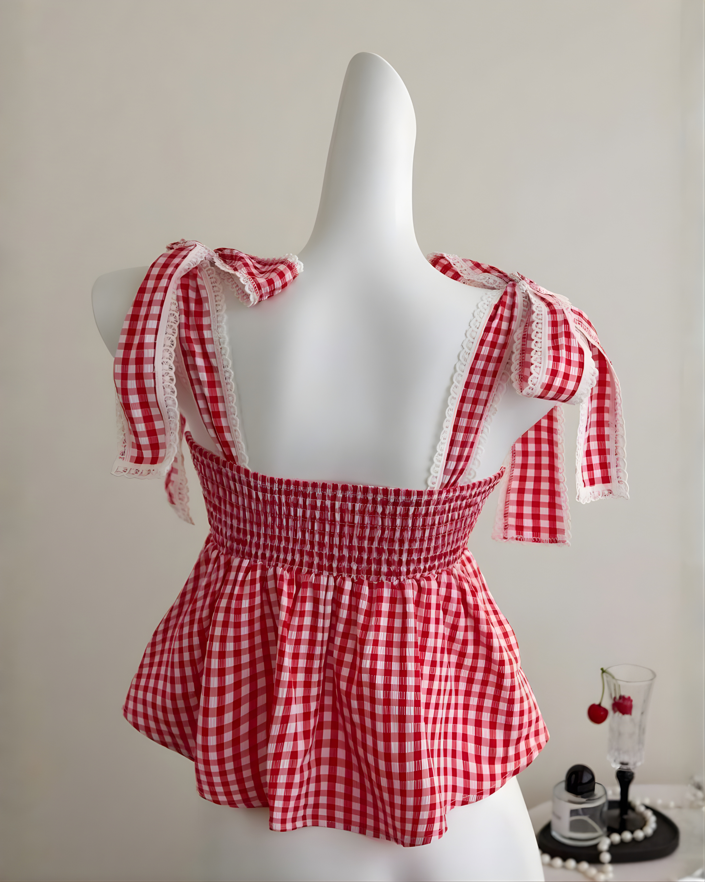 Square Neck Lace Patchwork Plaid -Pink & White