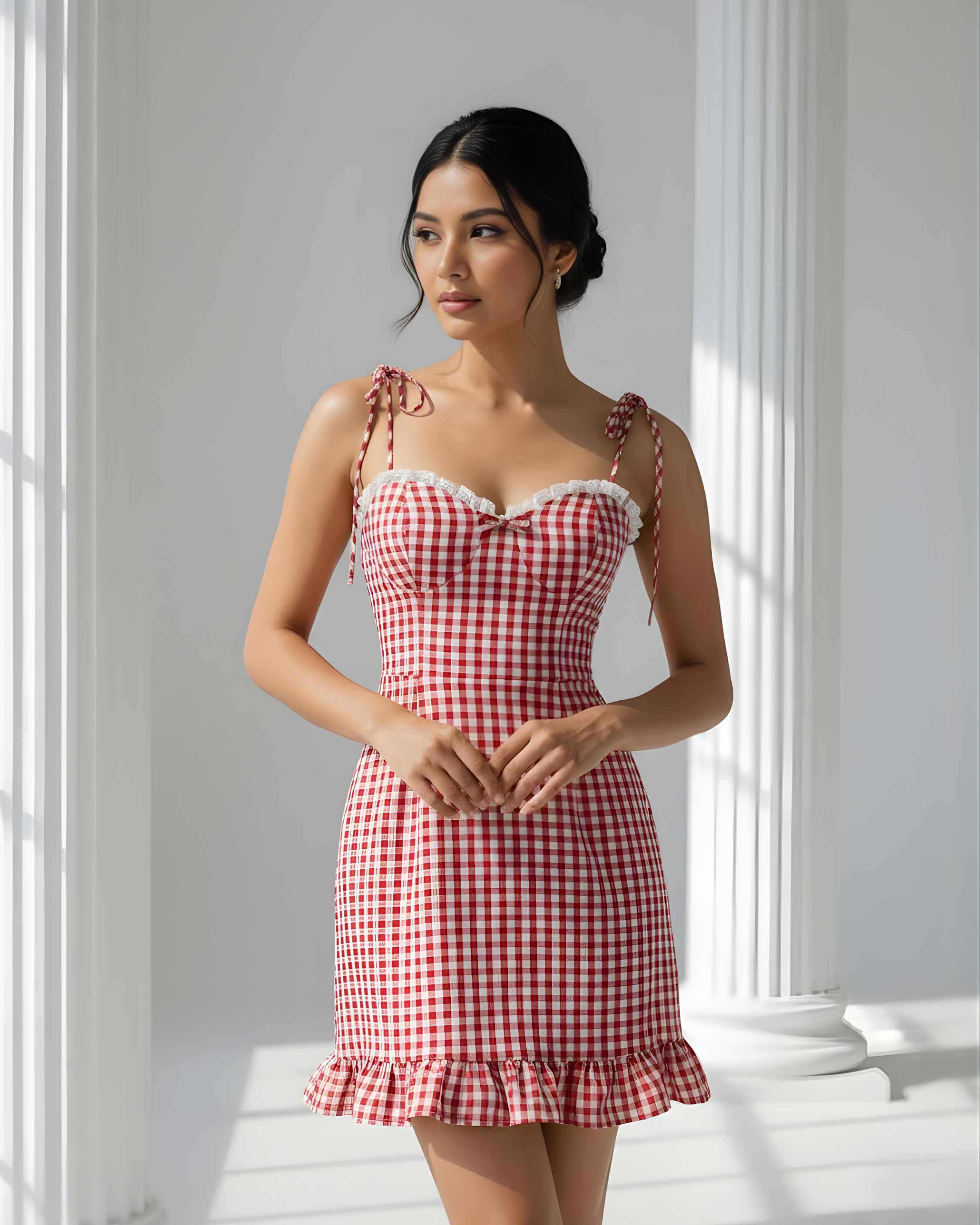 Gingham Tie Shoulder Ruffle Hem Dress- Red and White