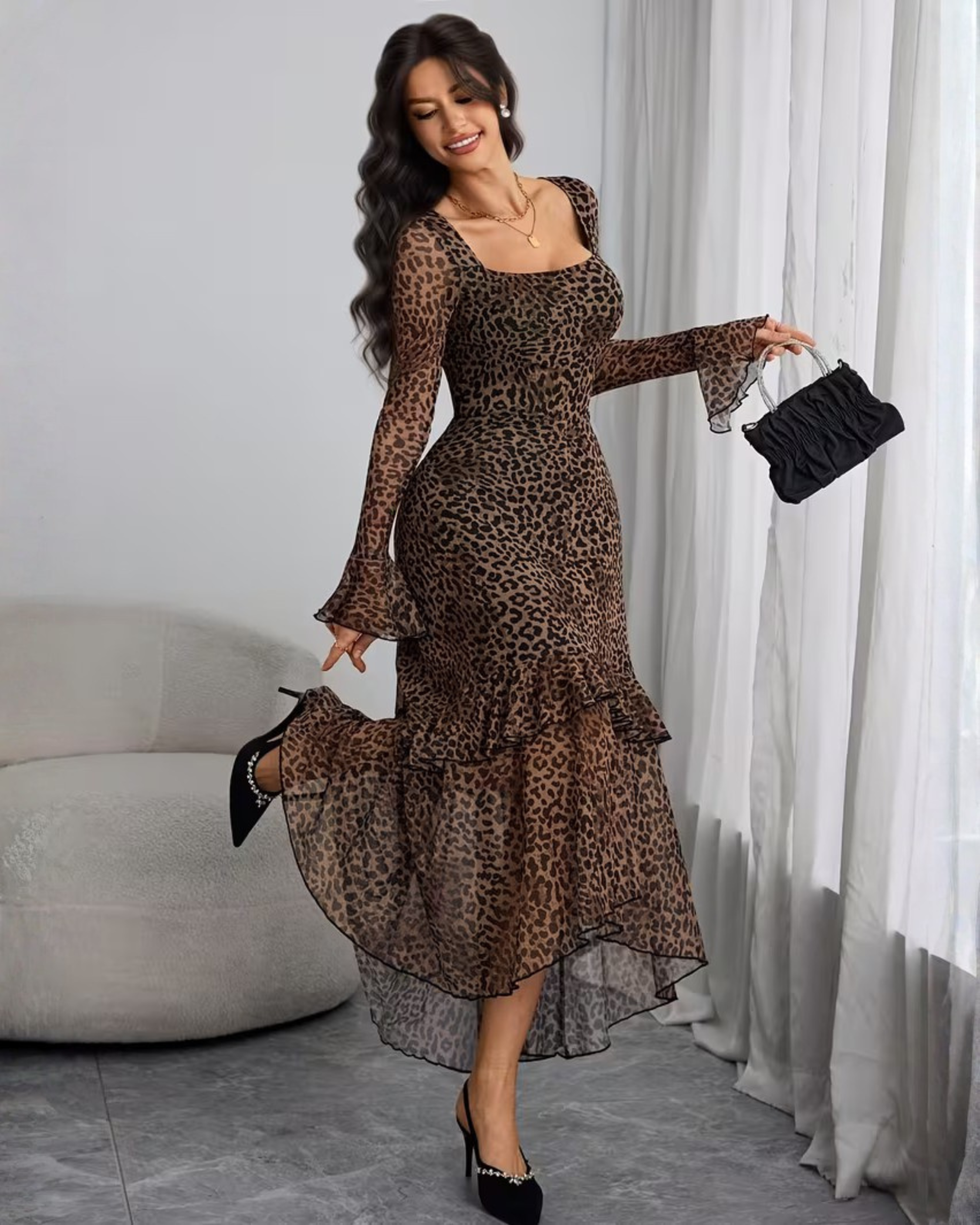 Elegant Leopard Print A-Line Maxi Dress-Brown Leopard