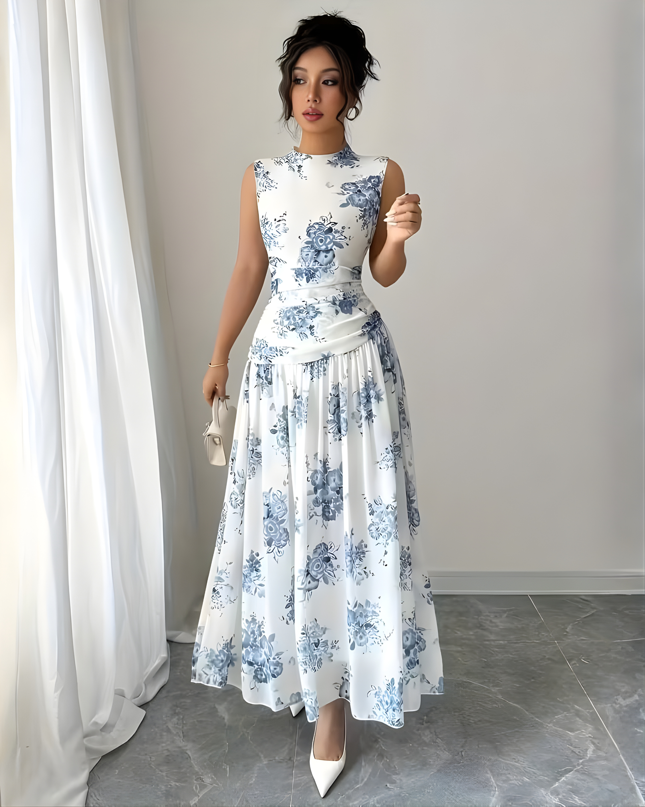 Stand Collar White Floral Cinched Waist Maxi