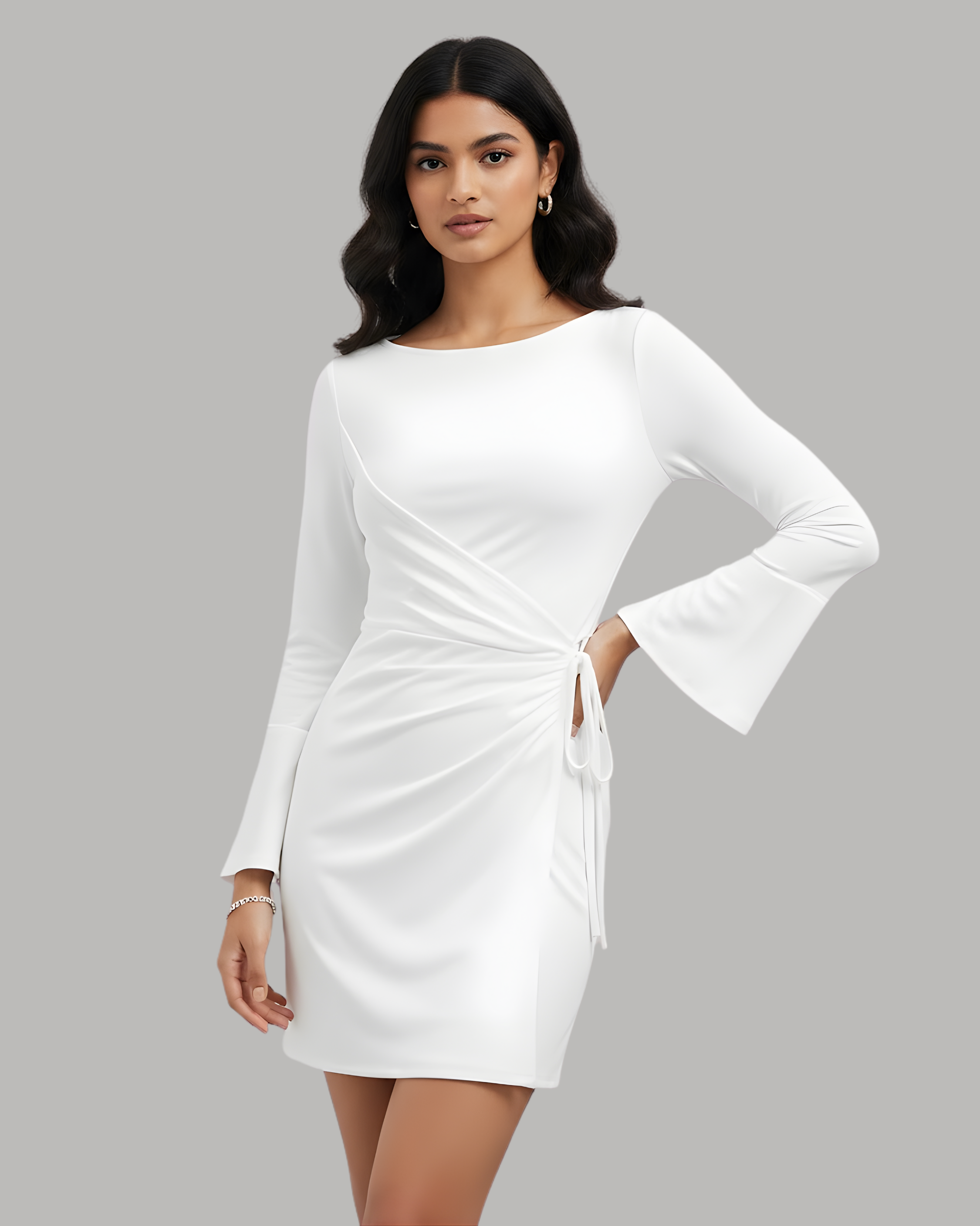Wrap-Style Ruched Mini Dress with Bell Sleeves - White