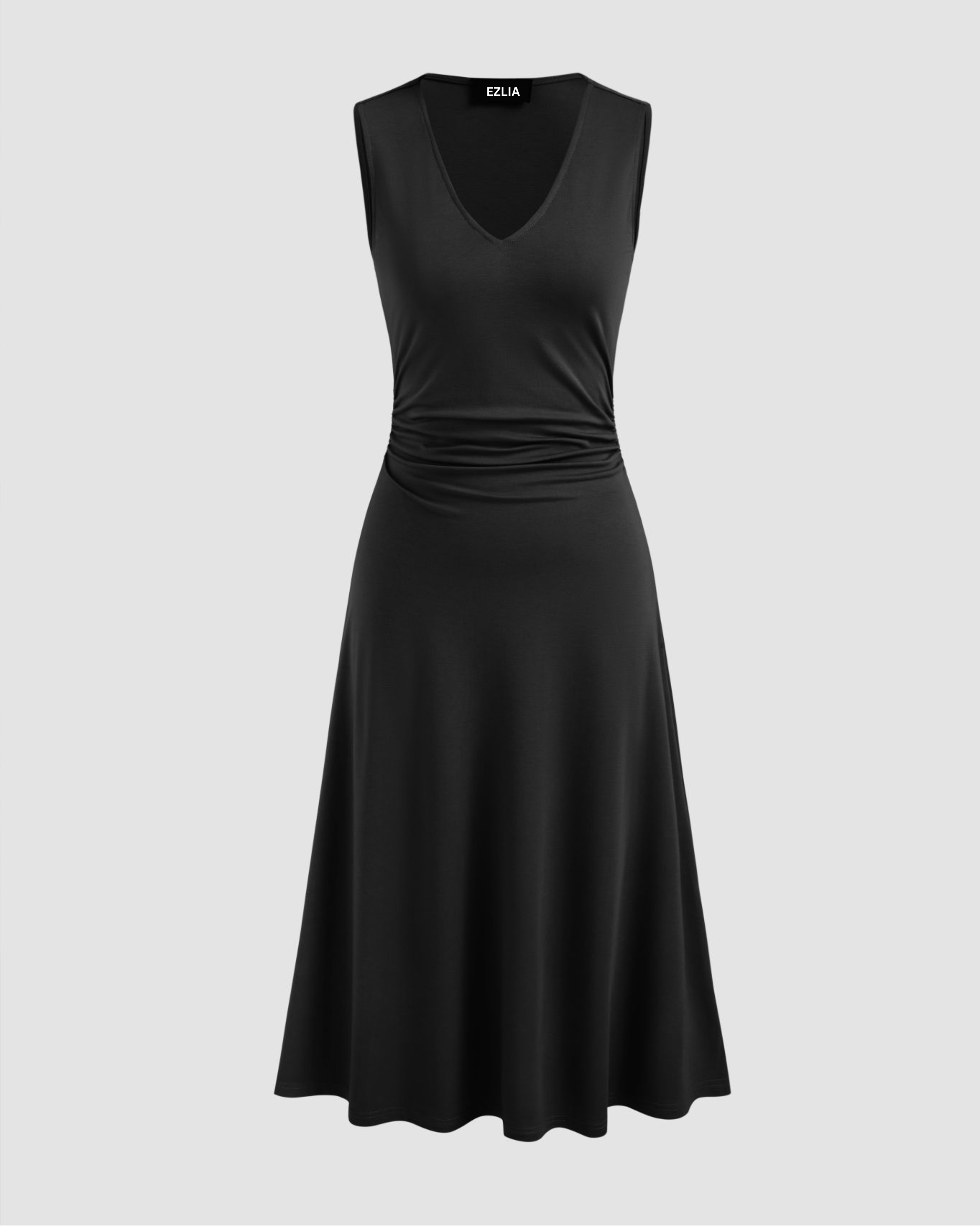 Elegant V-Neck Ruched Maxi Gown - Black