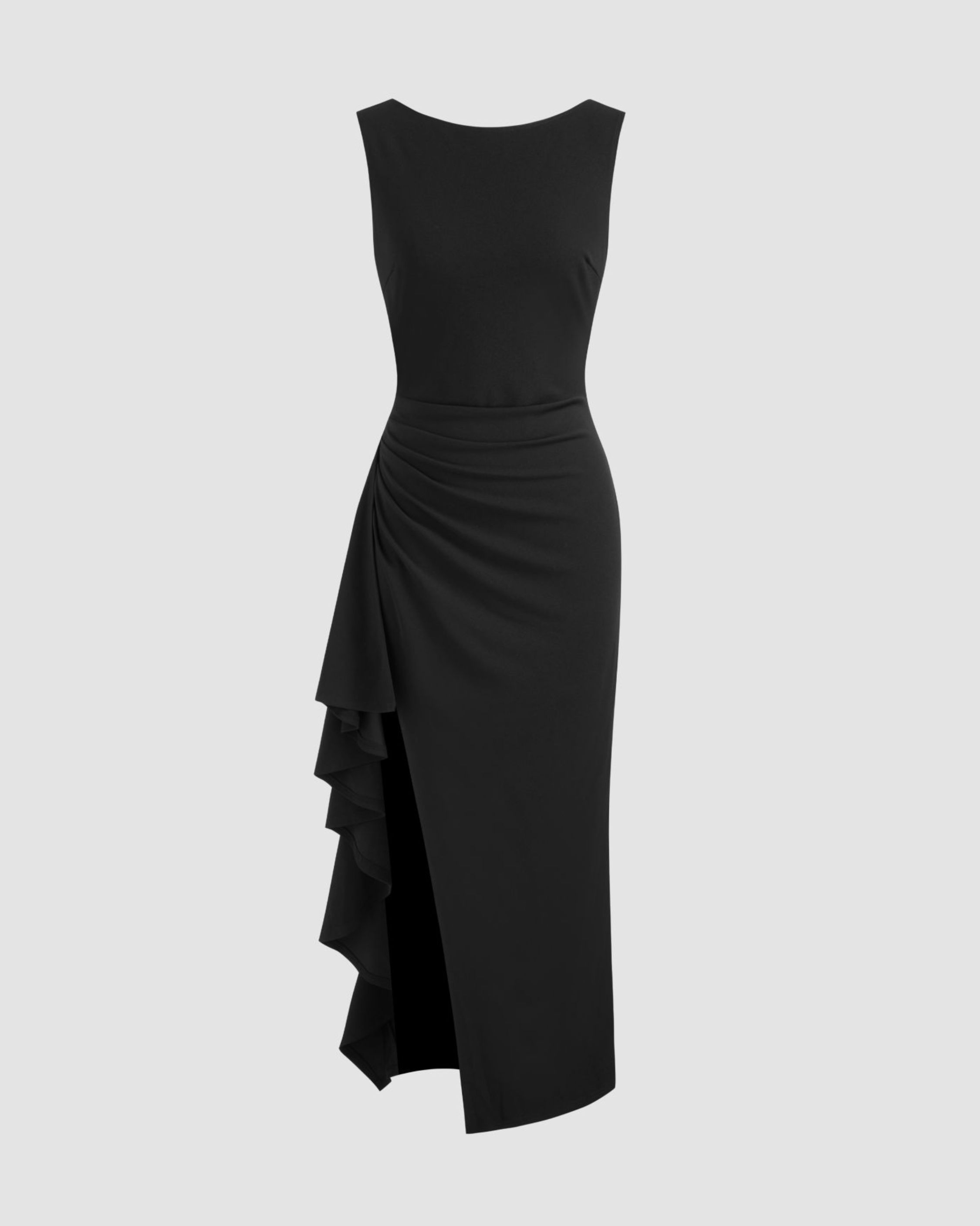 Elegance Backless Boat Neck Ruffle Split Maxi - Black