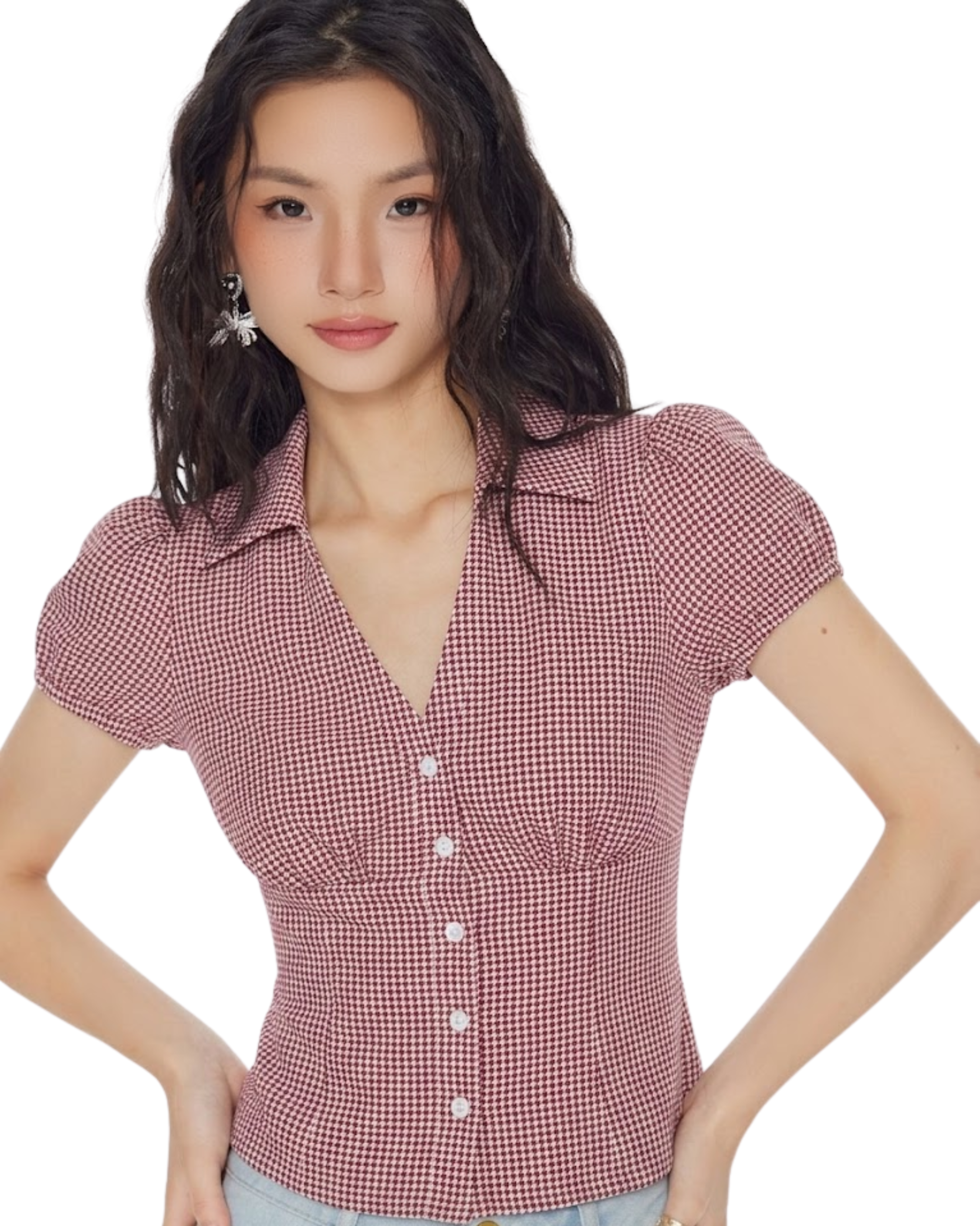 EZLIA Red Dotted Puff Sleeve Shirt Top