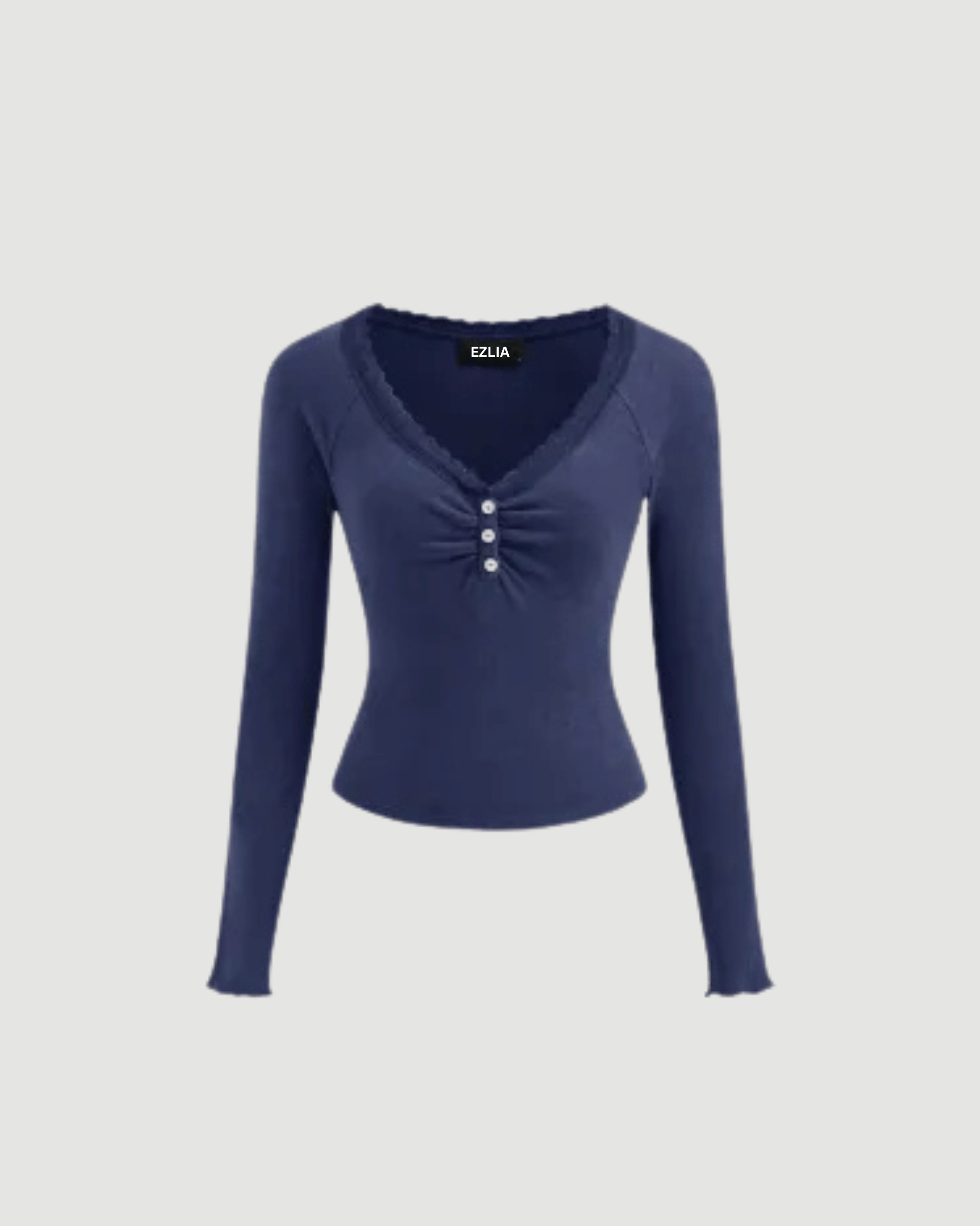 Navy Blue Long Sleeve V-Neck Top