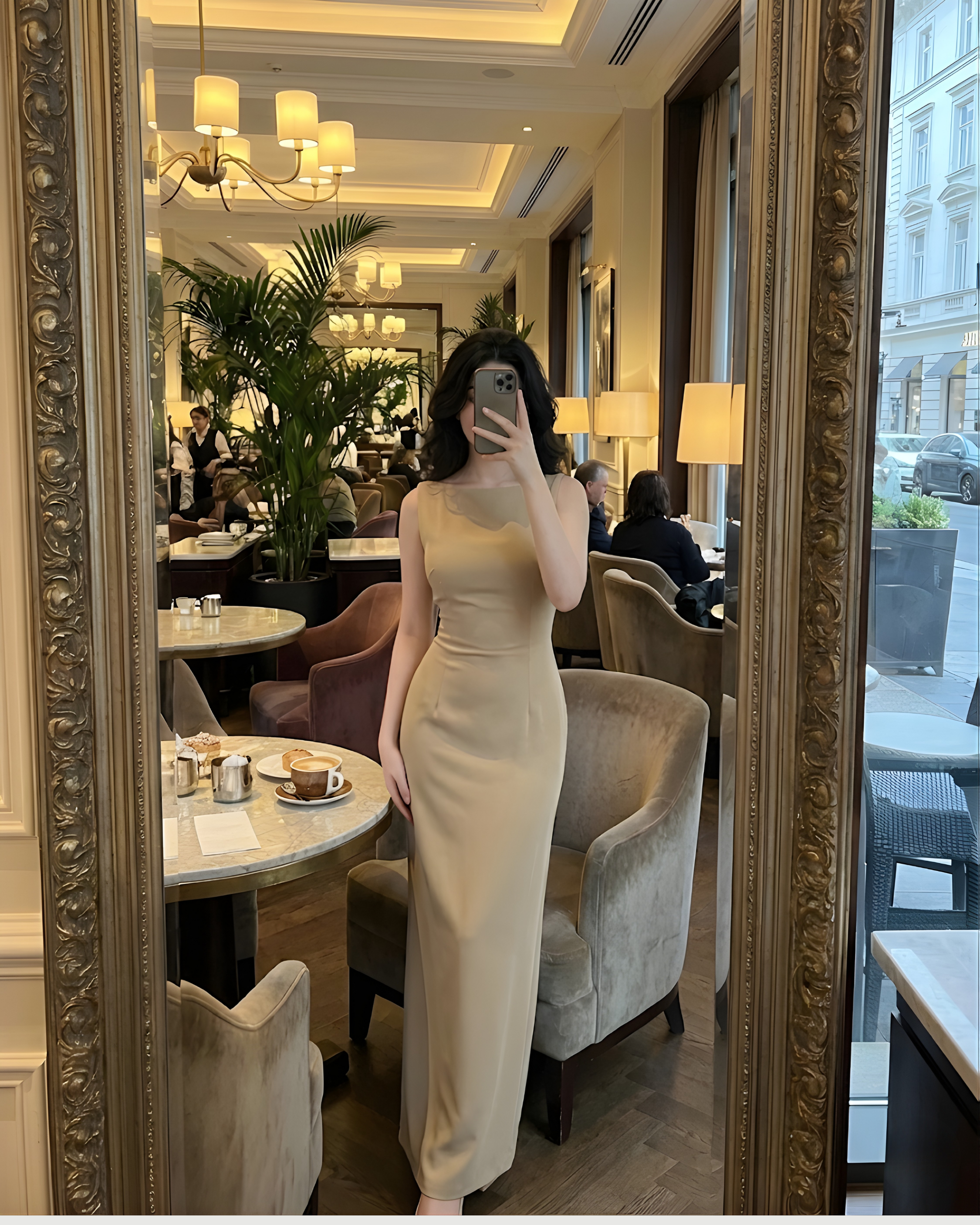 Boat Neck Solid Maxi Dress-Beige