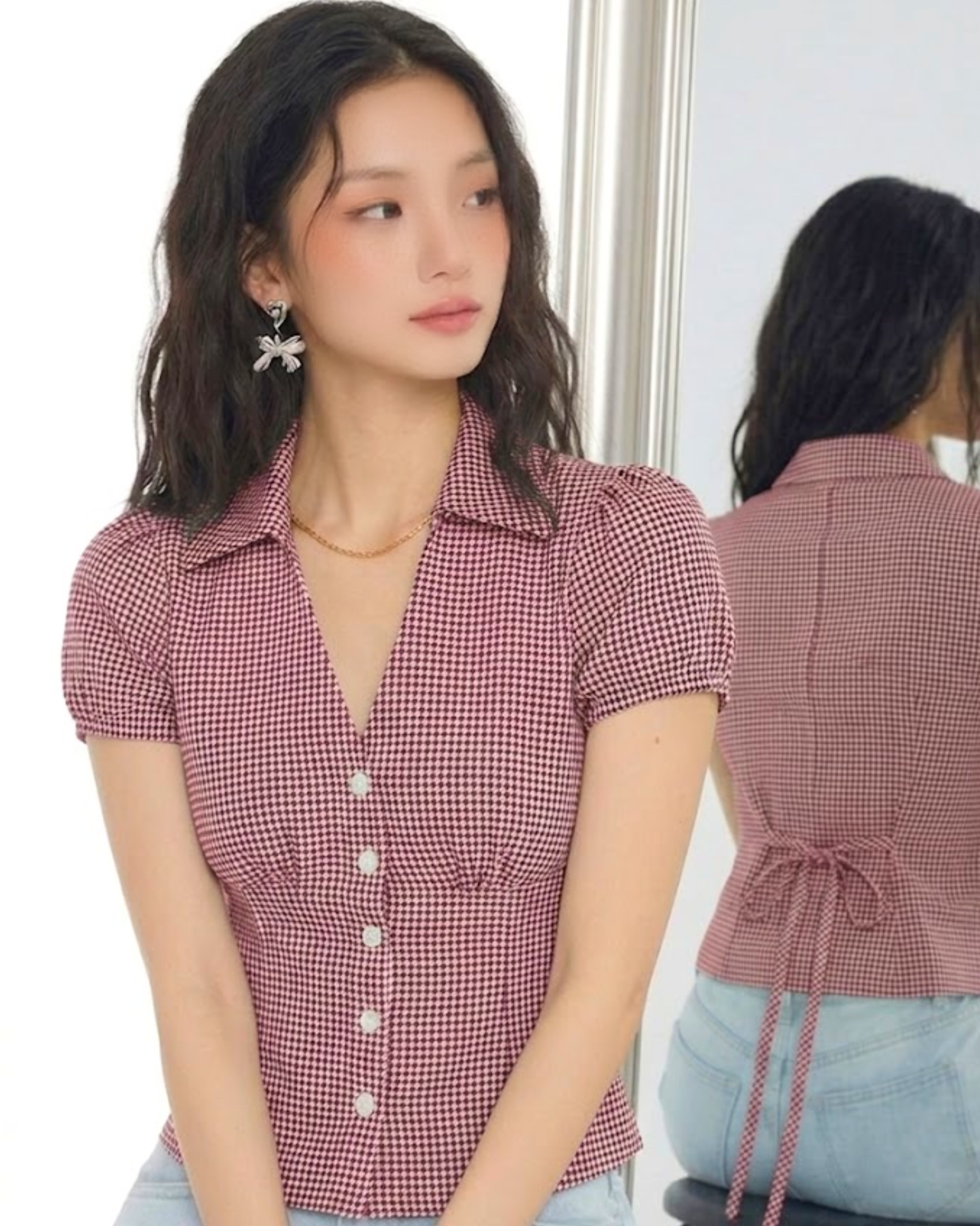 EZLIA Red Dotted Puff Sleeve Shirt Top