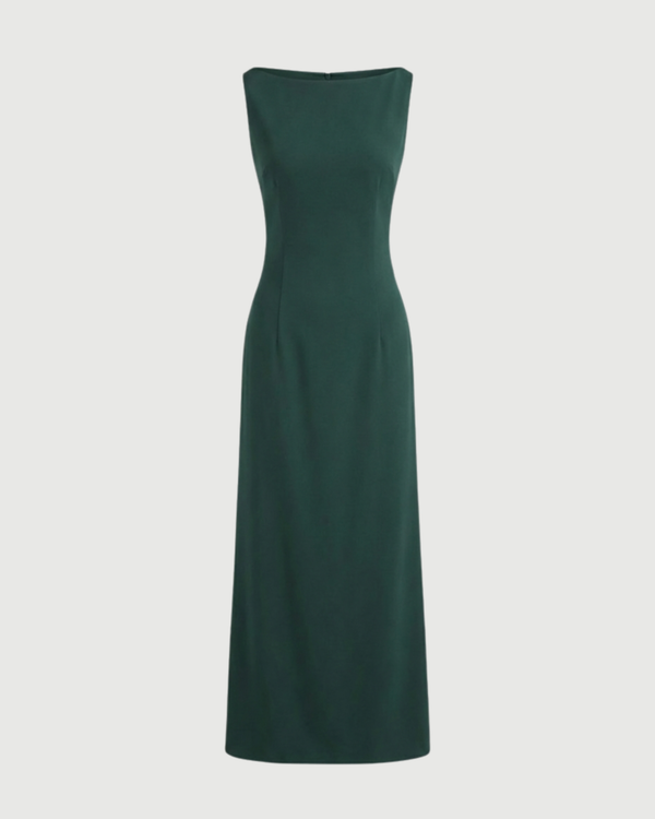 Boat Neck Solid Maxi Dress-Green