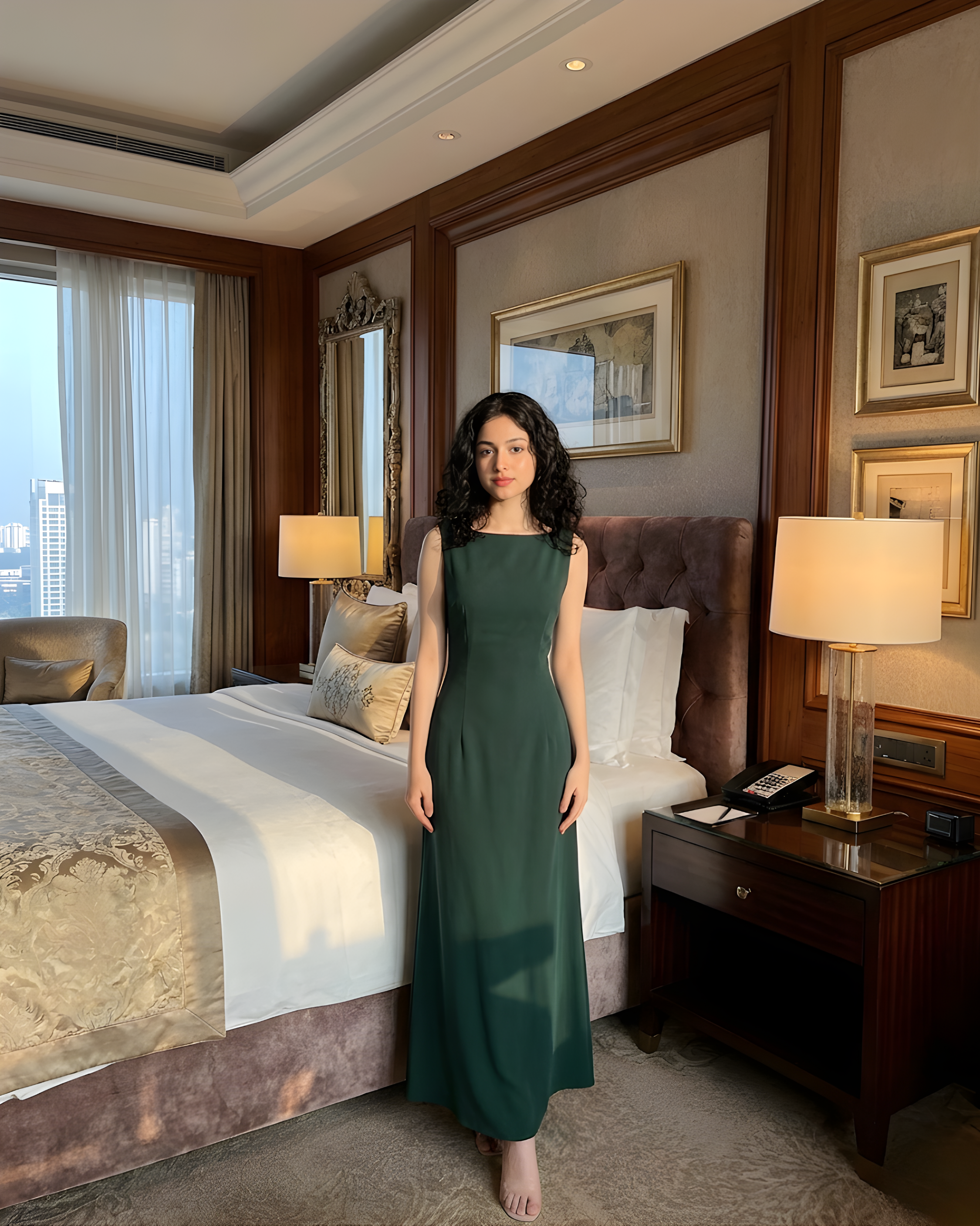 Boat Neck Solid Maxi Dress-Green