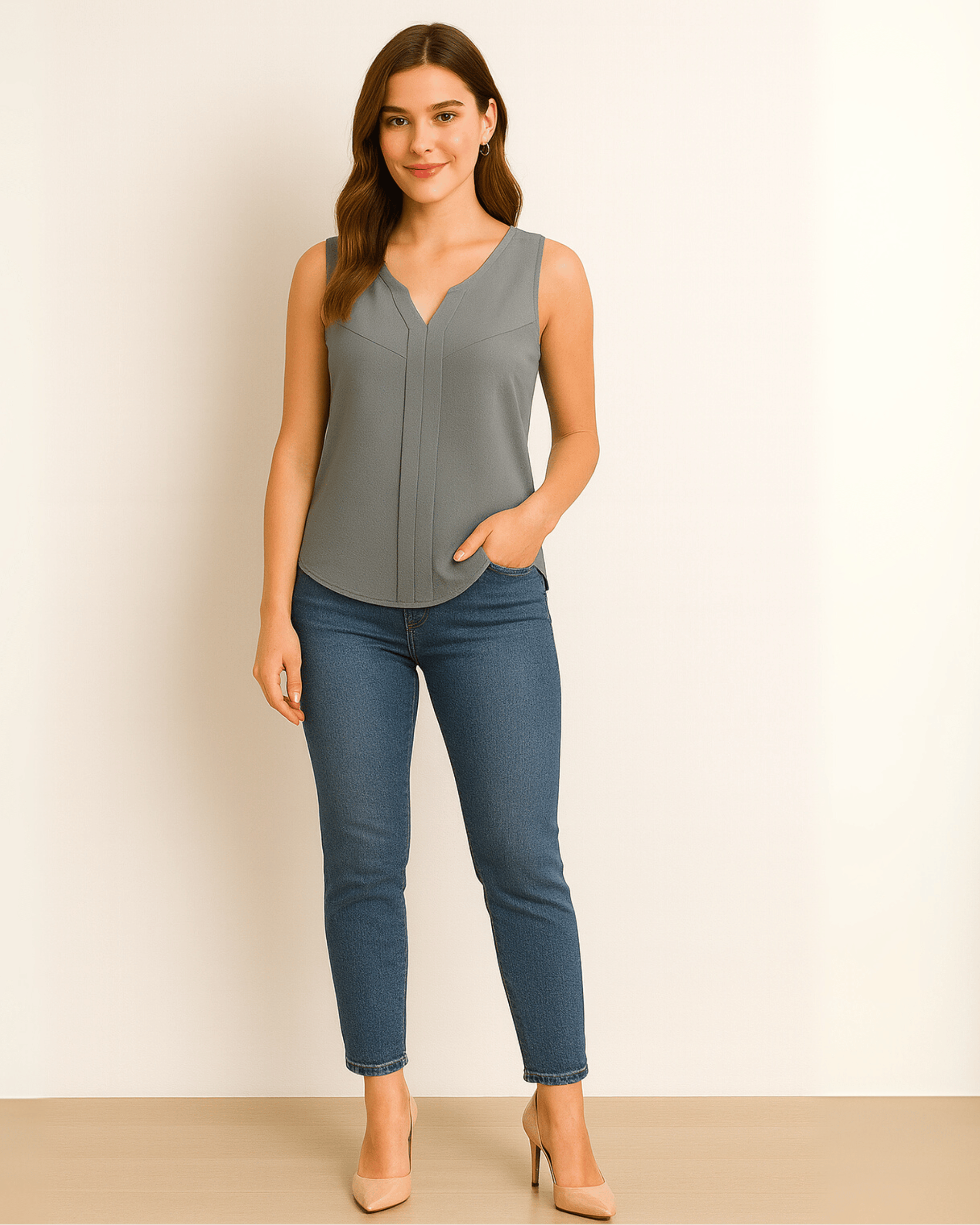 Grey V-Neck Pleated Tank Top