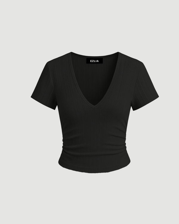 V-Neck Ruched Crop Top – Black