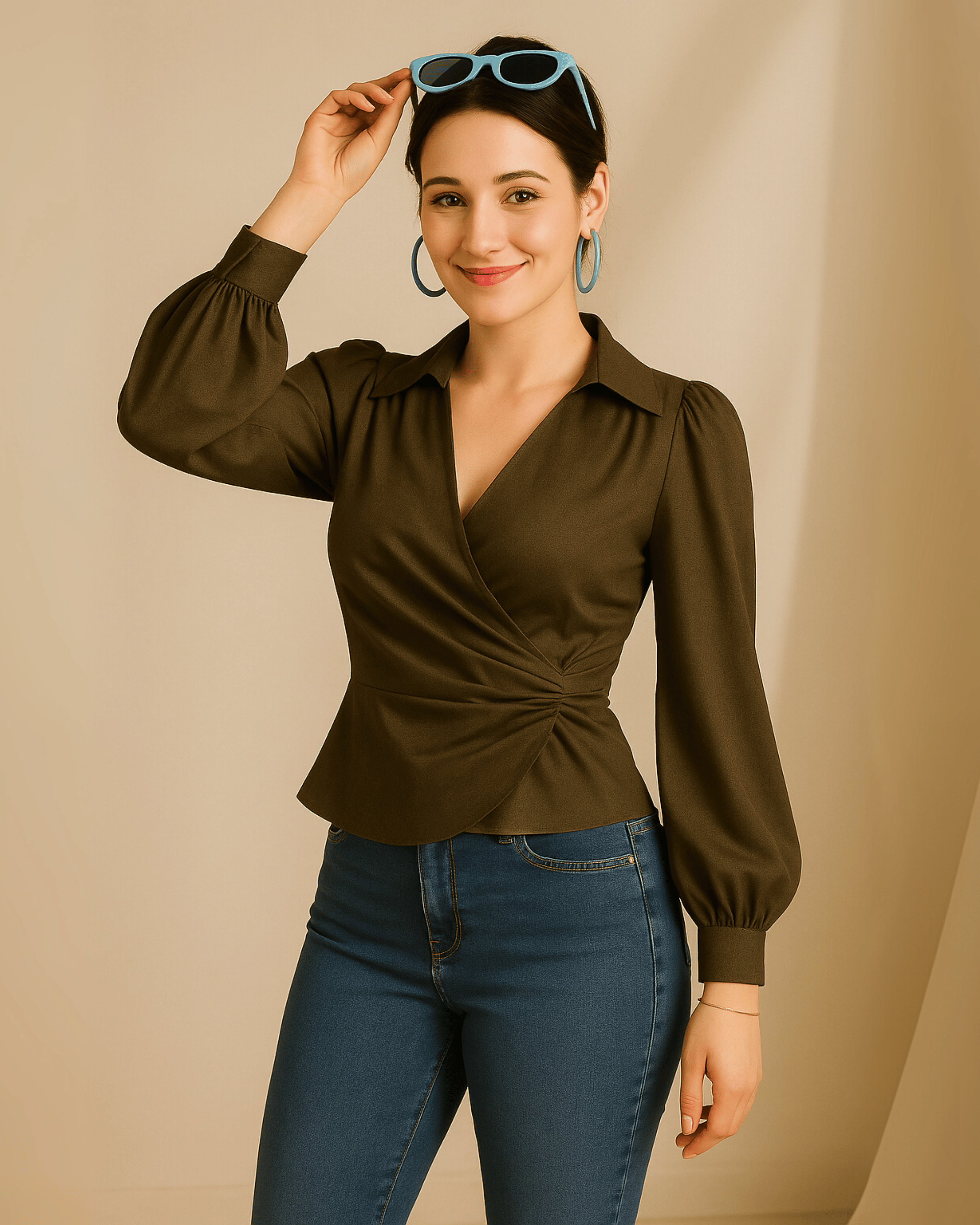 Brown V-Neck Bubble Wrap Top