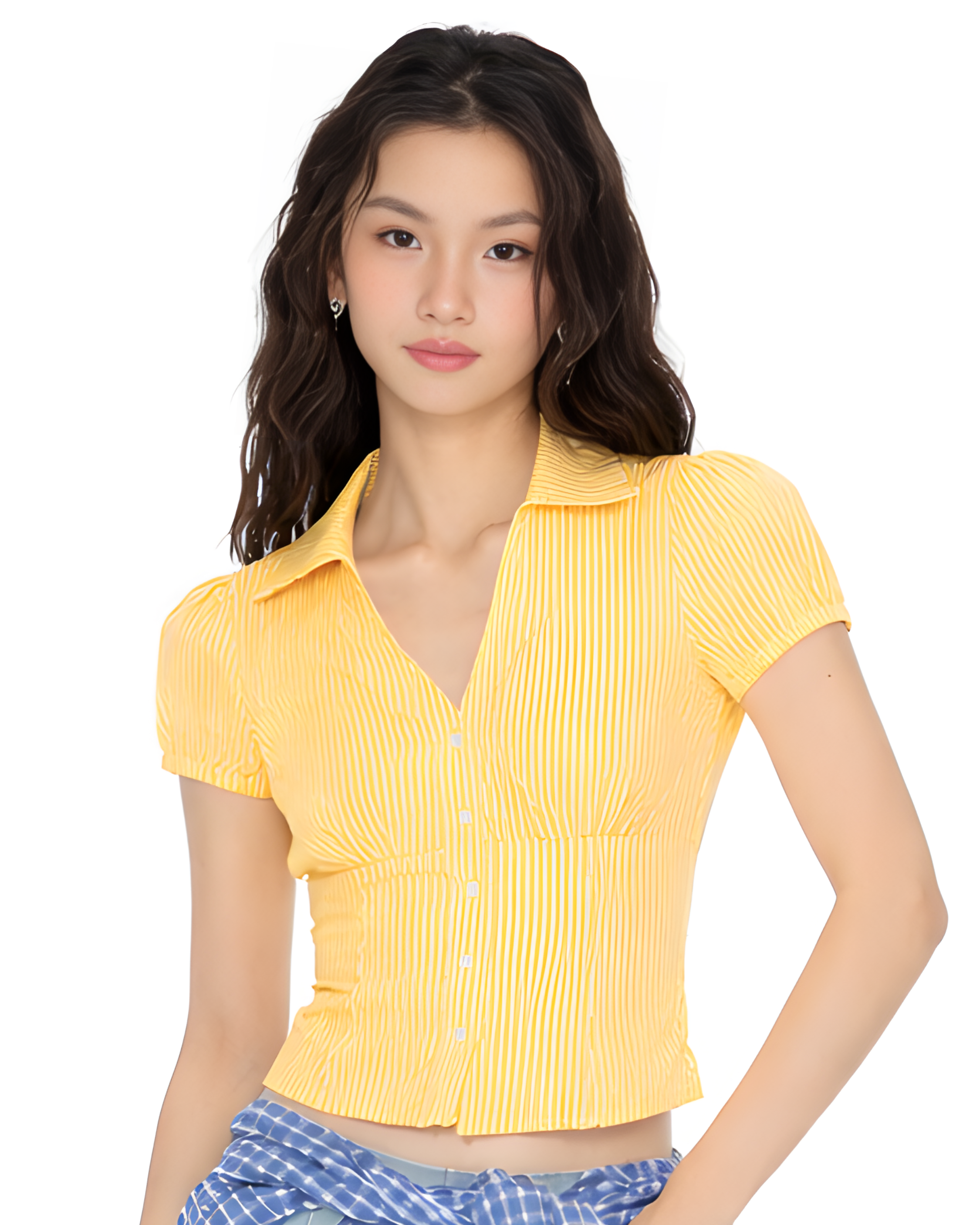 EZLIA Yellow Striped Puff Sleeve Shirt Top