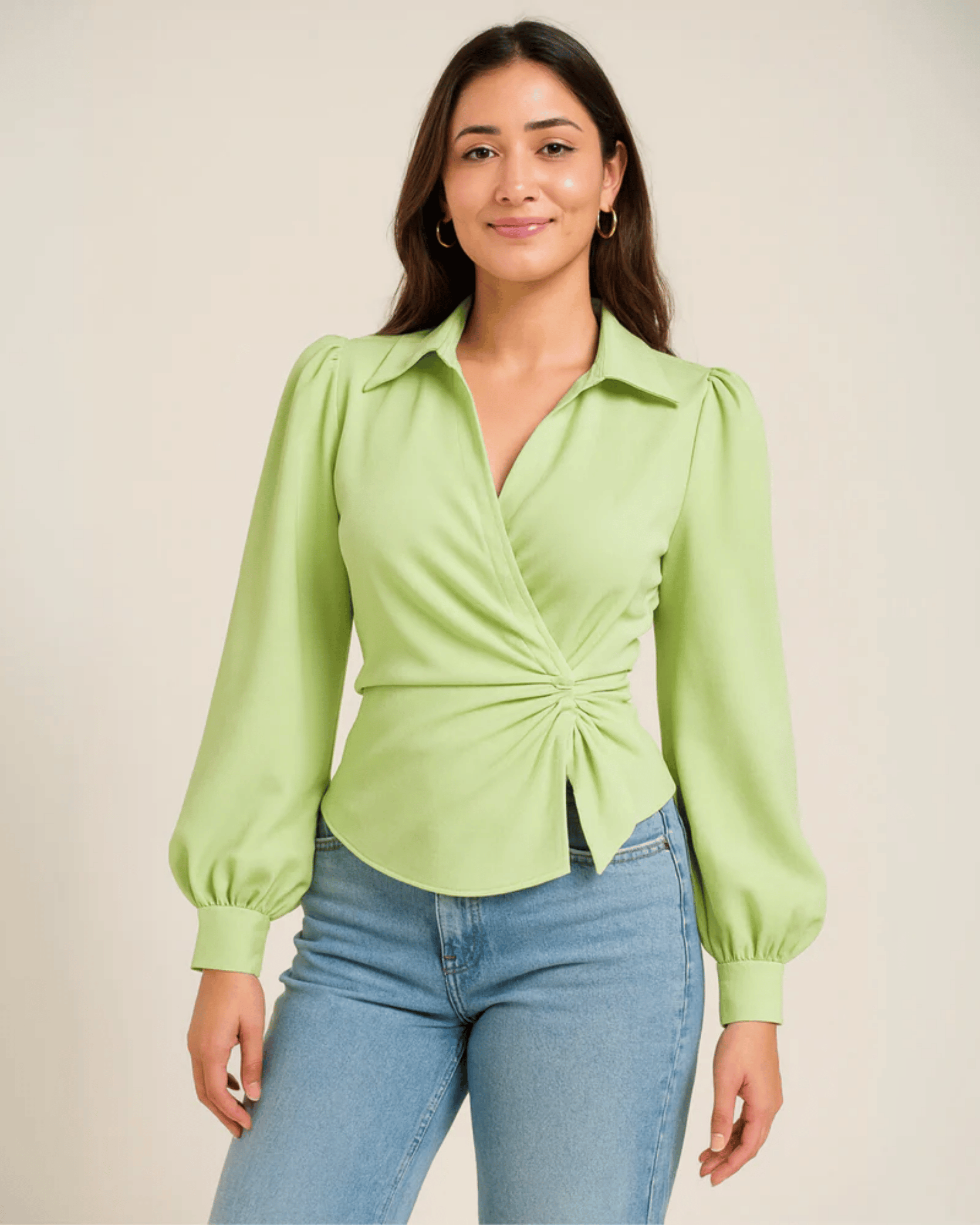 Green V-Neck Bubble Wrap Top