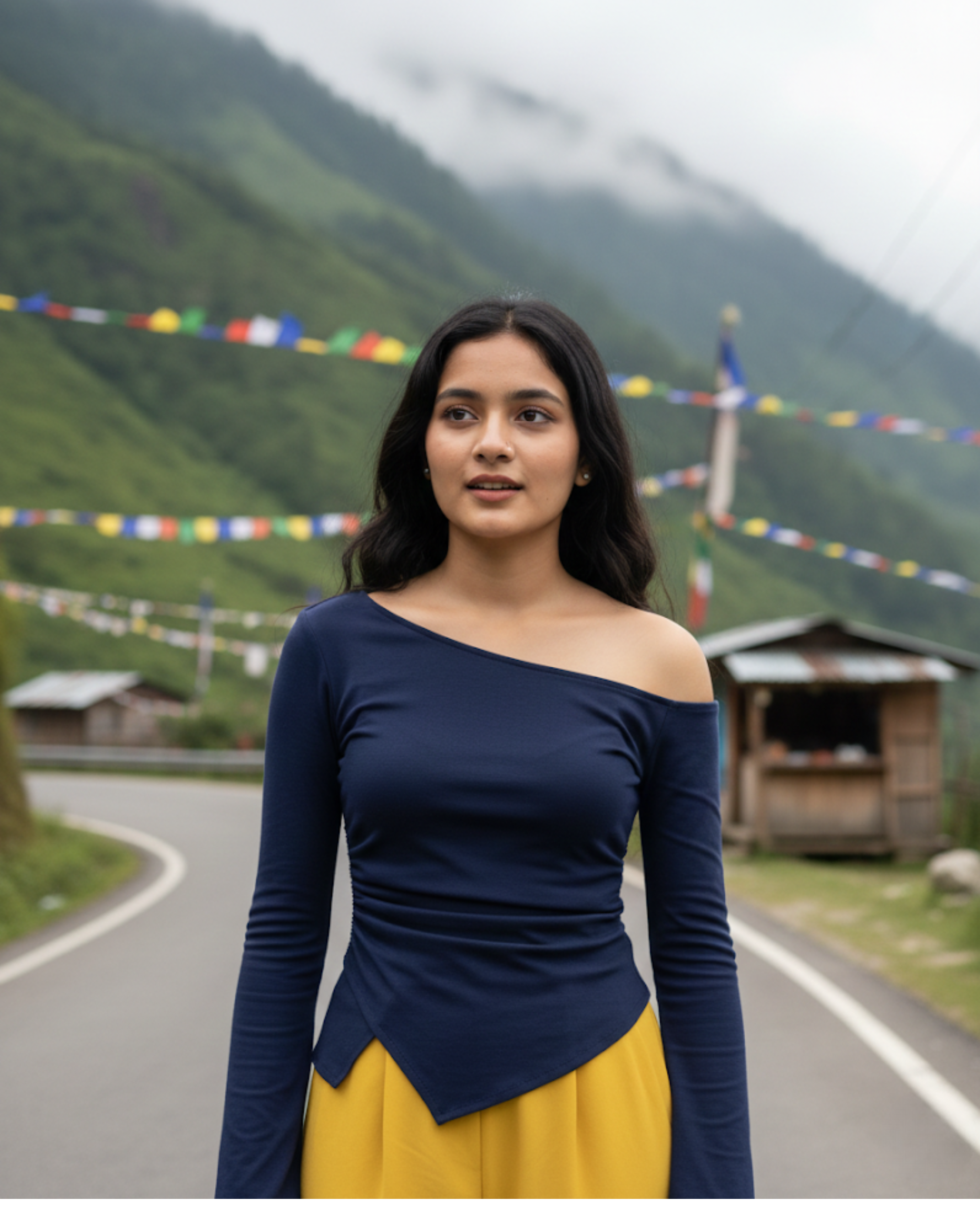 FlairLine SoftWave Sleeve Blouse - Navy Blue