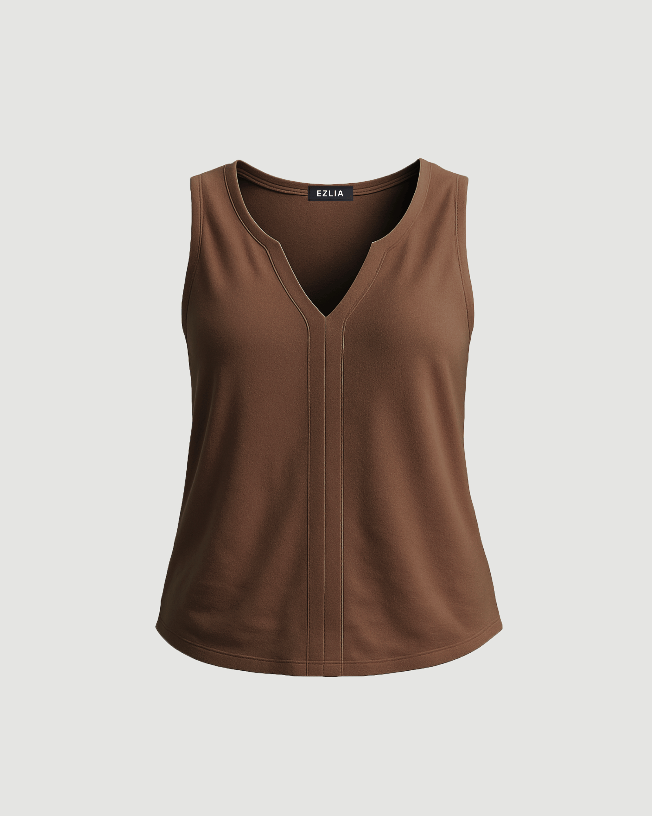 Brown V-Neck Pleated Tank Top