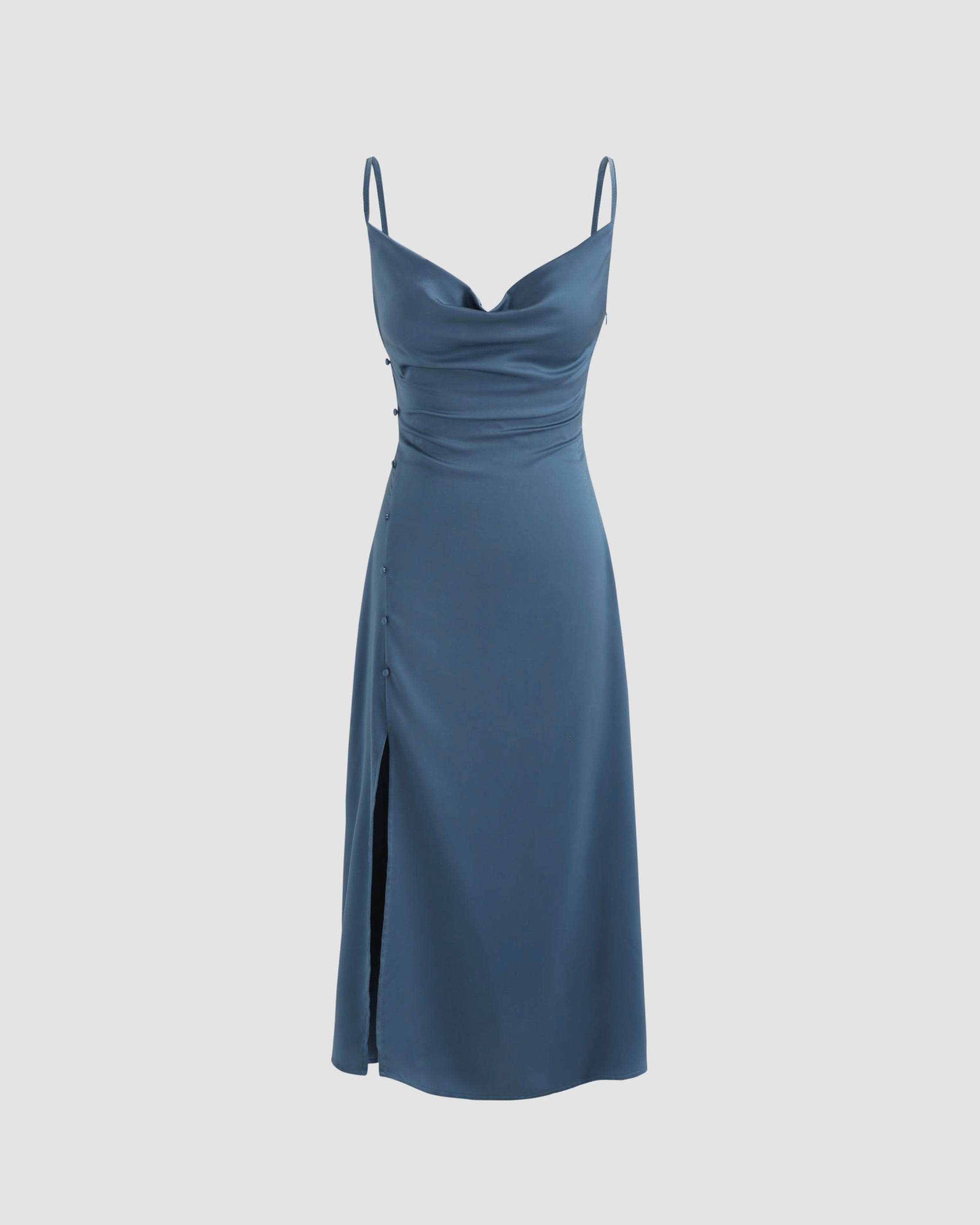 Solid Draped Cowl Neck Midi Dress with Slit Detail
