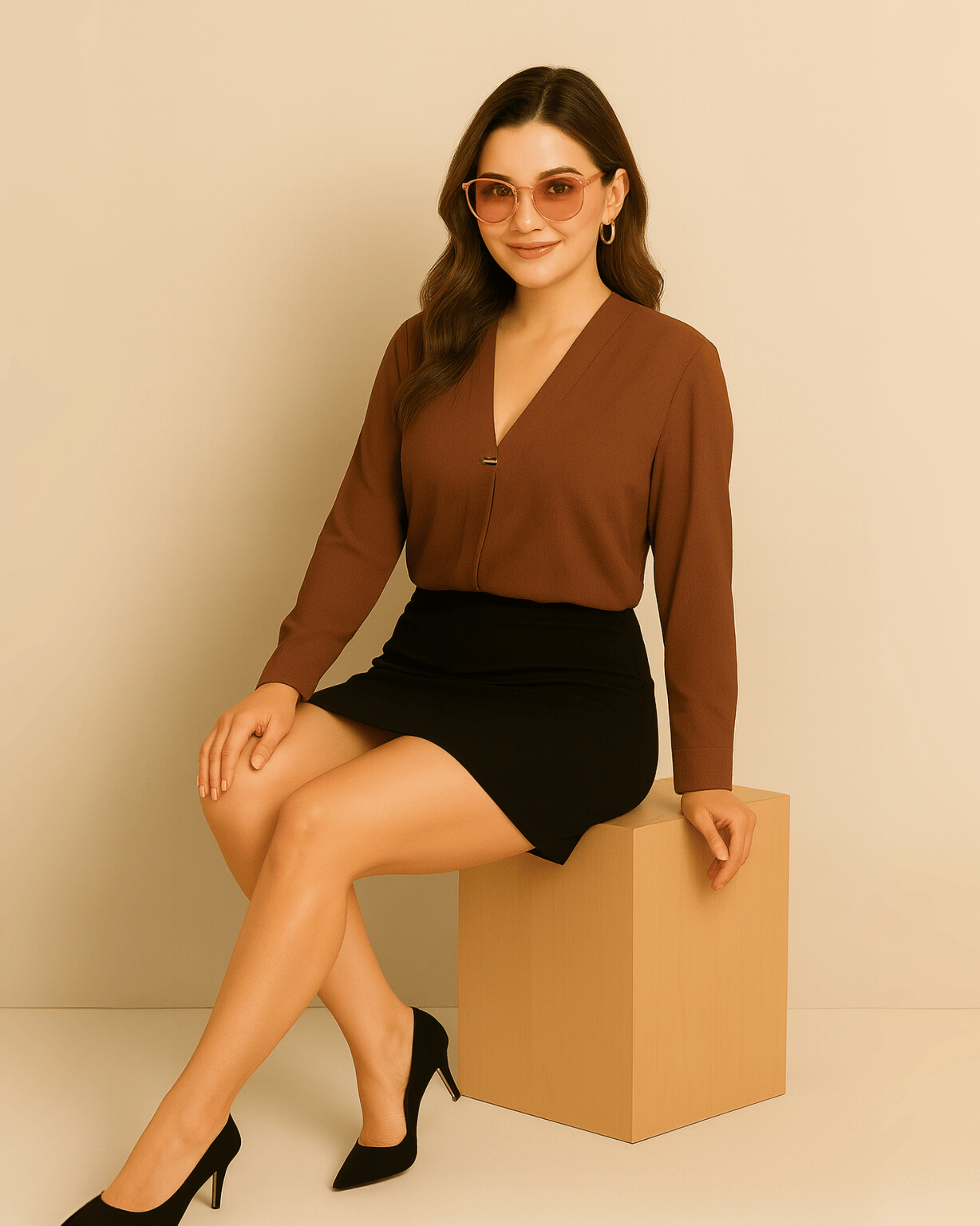Brown Long-Sleeve V-Neck Top
