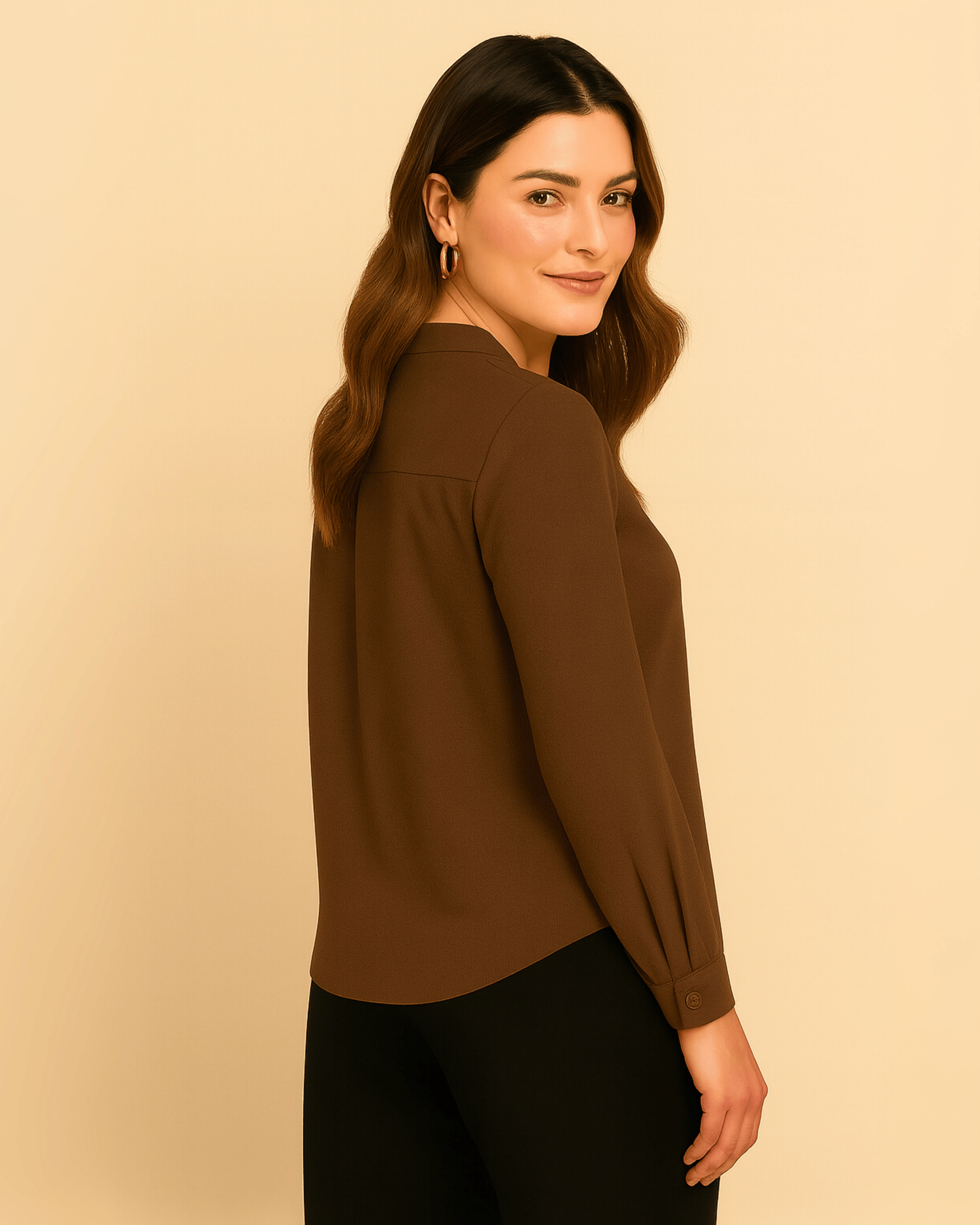 Brown Long-Sleeve V-Neck Top