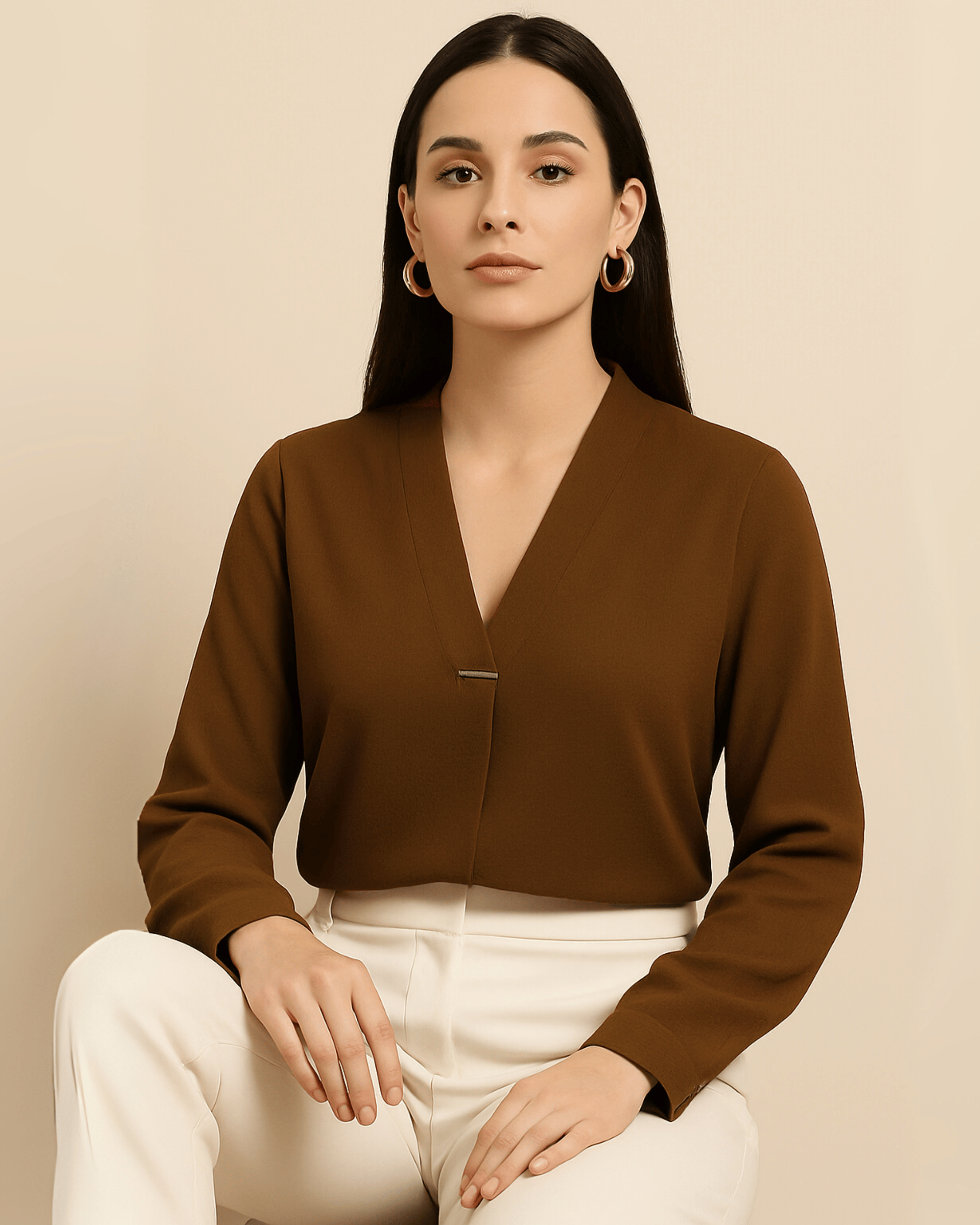 Brown Long-Sleeve V-Neck Top