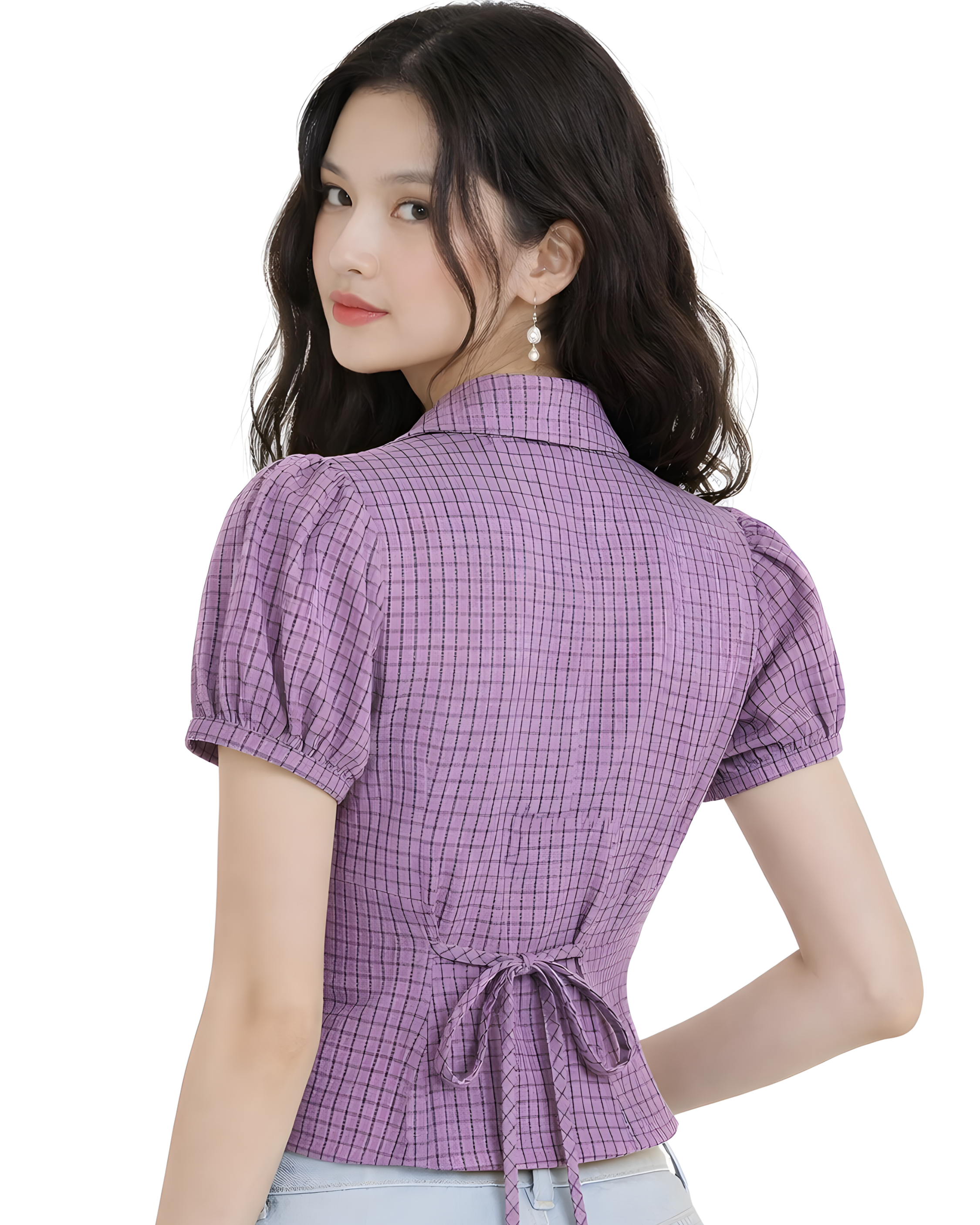 EZLIA Purple Striped Puff Sleeve Shirt Top