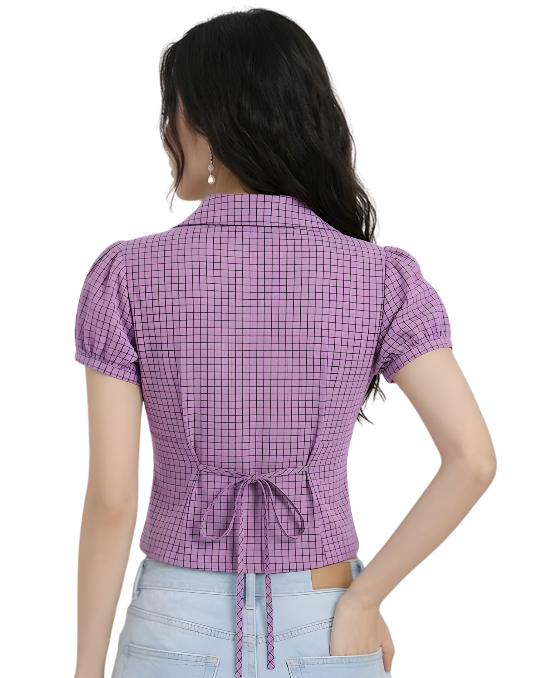 EZLIA Purple Striped Puff Sleeve Shirt Top