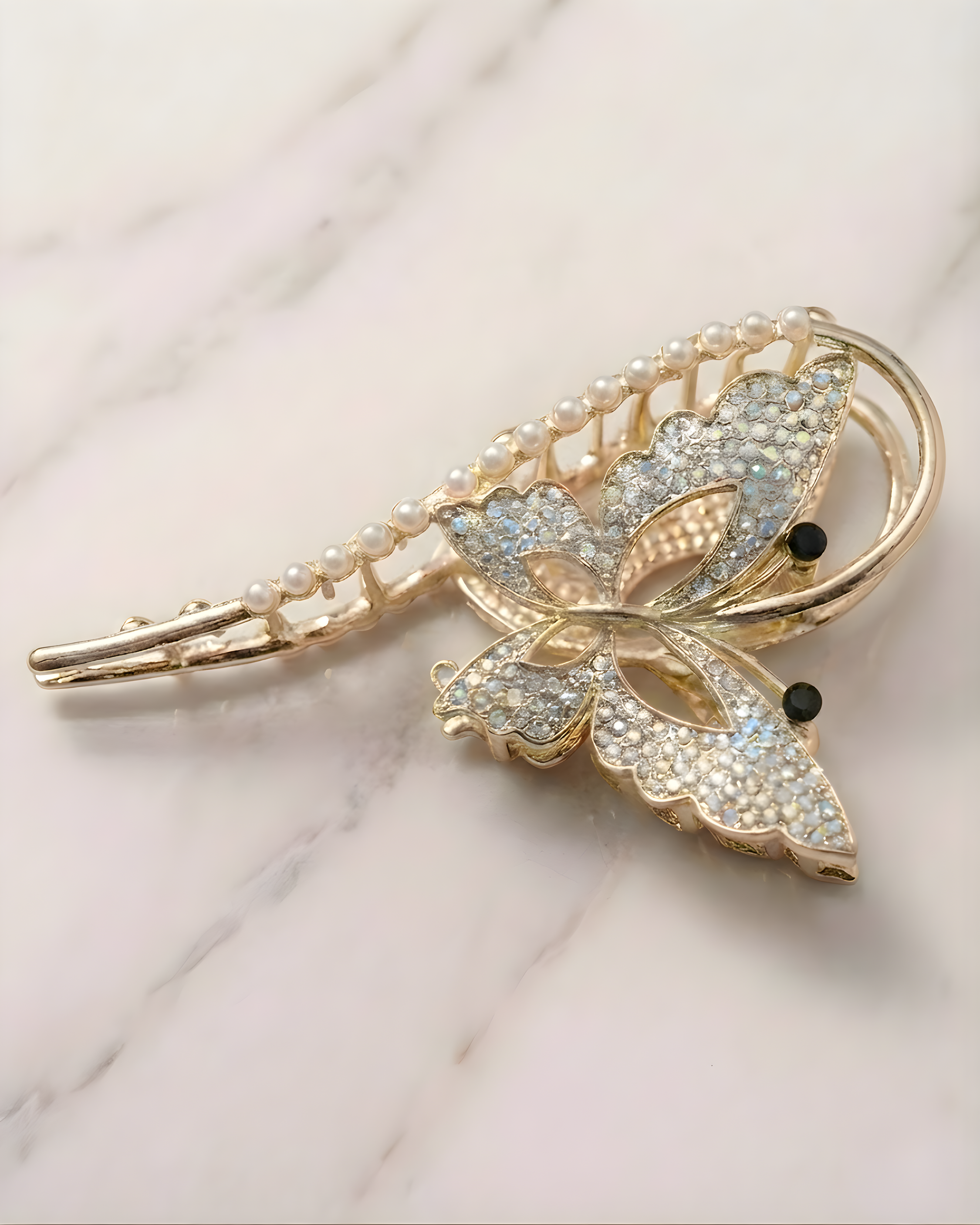 Sparkling Crystal Butterfly & Pearl Gold Metal Hair Claw Clip