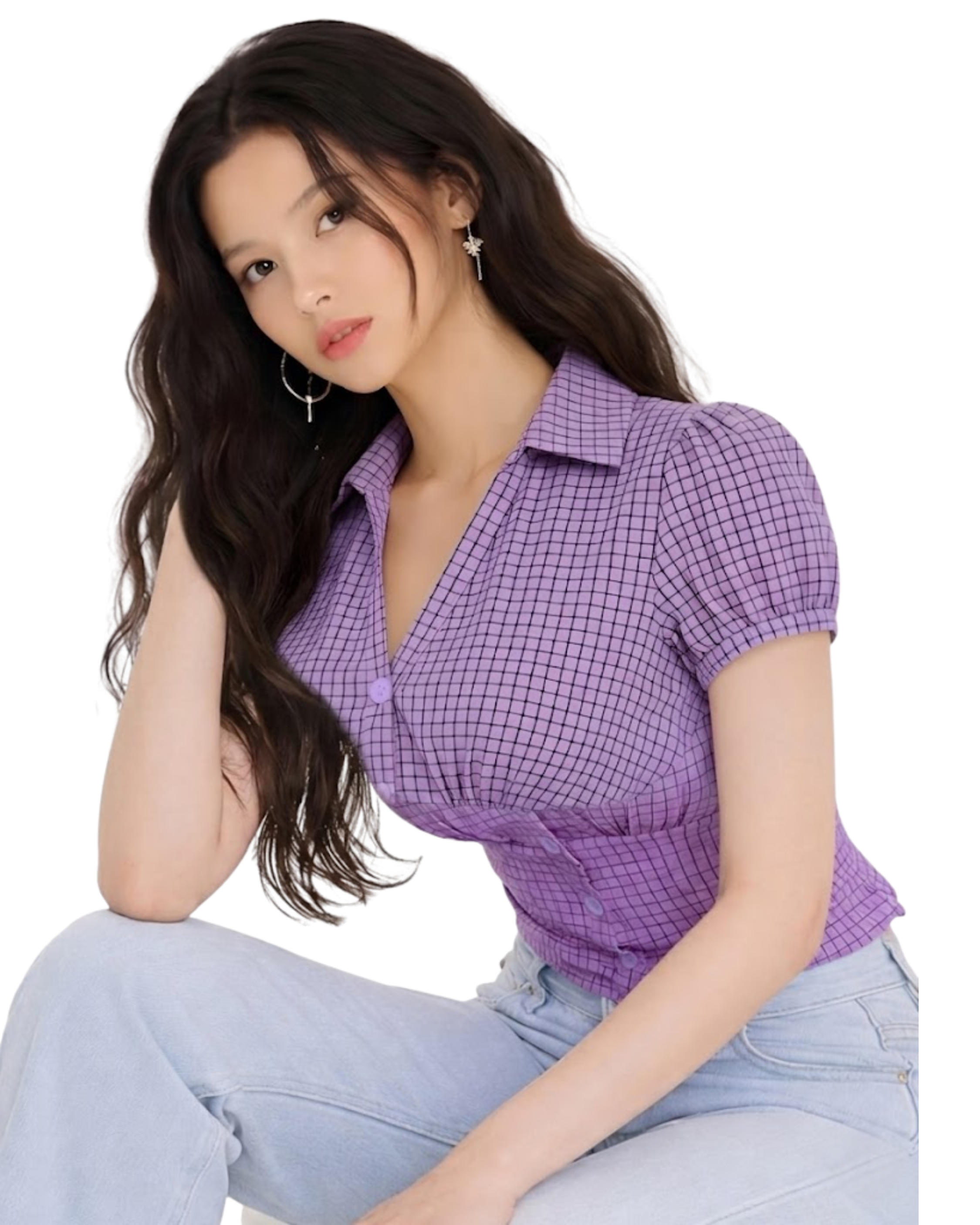 EZLIA Purple Striped Puff Sleeve Shirt Top