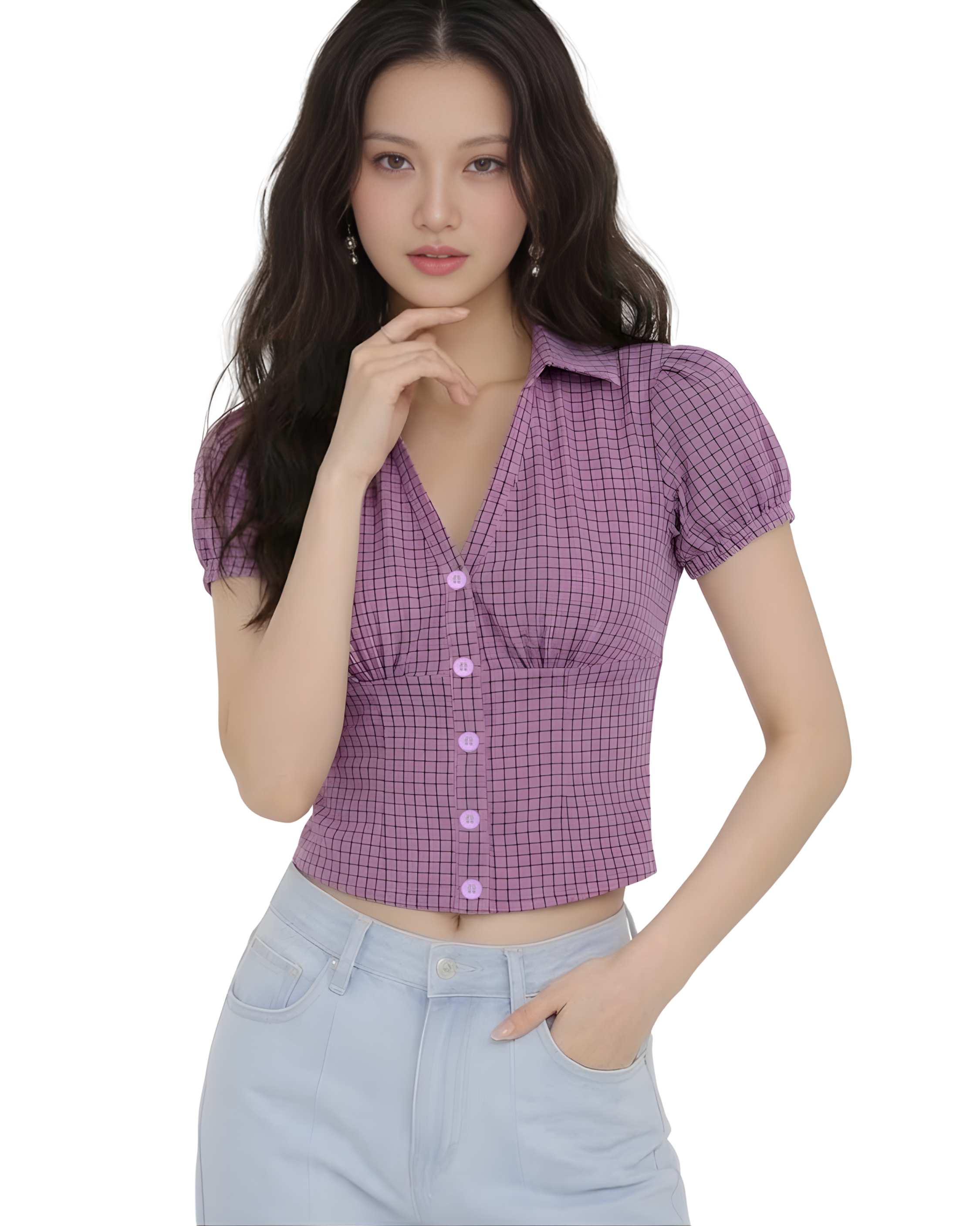 EZLIA Purple Striped Puff Sleeve Shirt Top