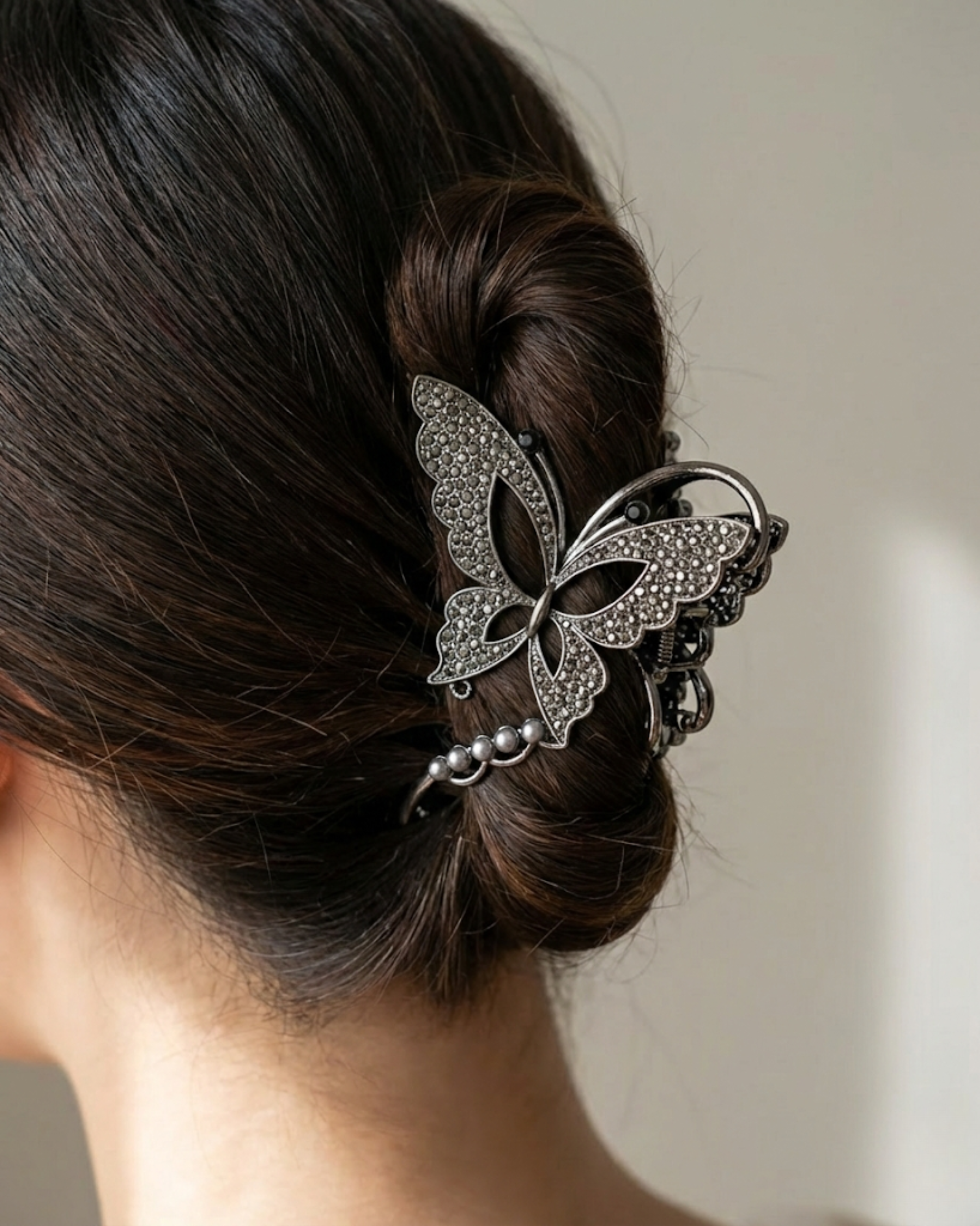 Gunmetal Crystal Butterfly & Pearl Hair Claw Clip - Dark Edition
