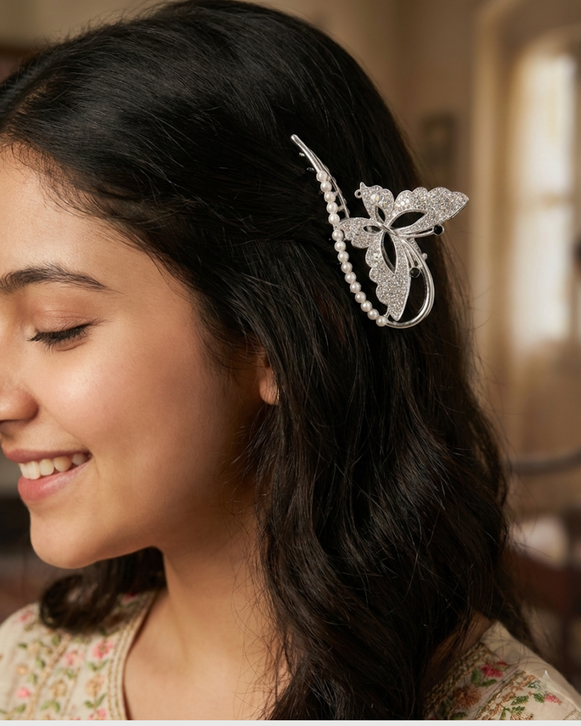 Sparkling Silver Crystal Butterfly & Pearl Hair Claw Clip