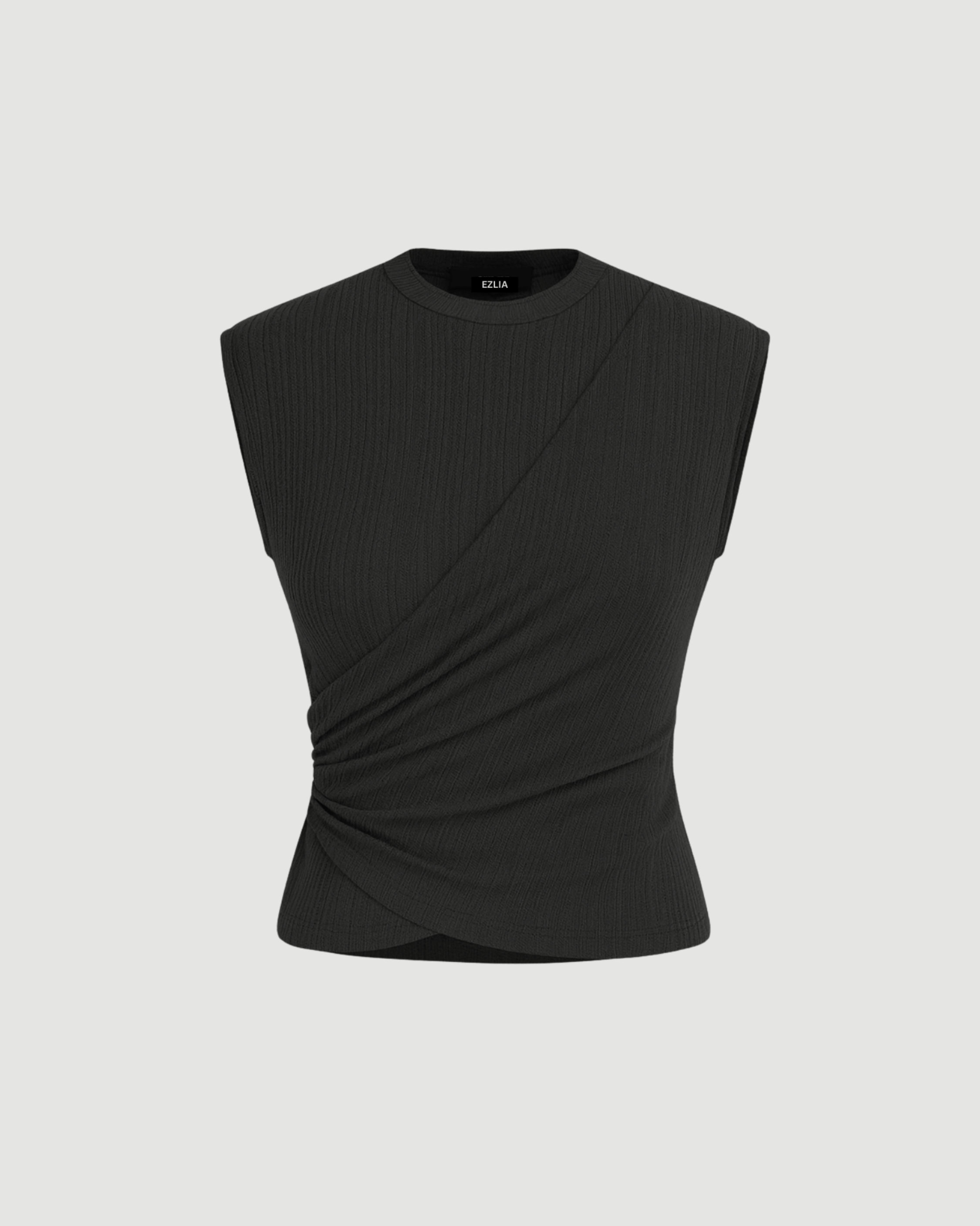 Black Wrap Effect Ribbed Top