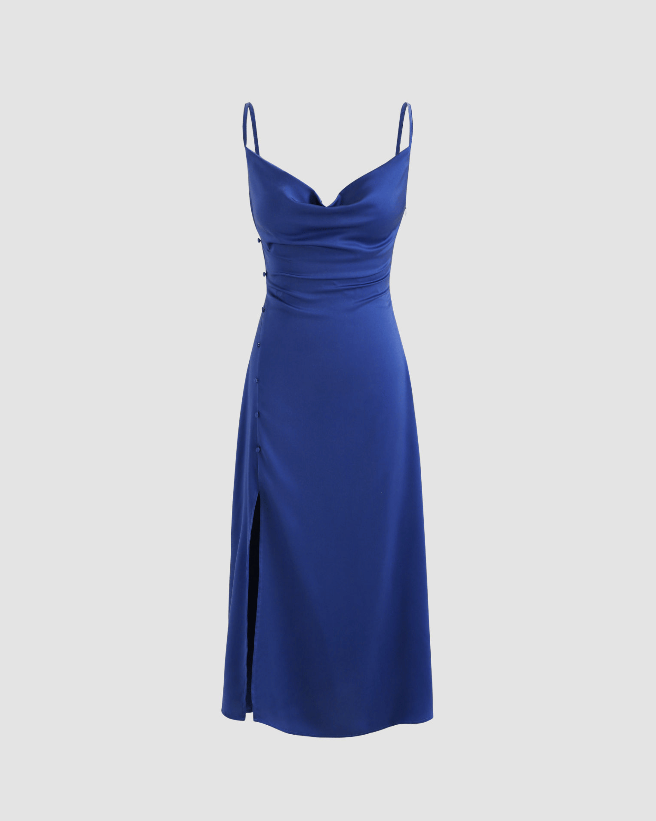 Navy Blue Solid Draped Cowl Neck Midi Dress with Slit Detail