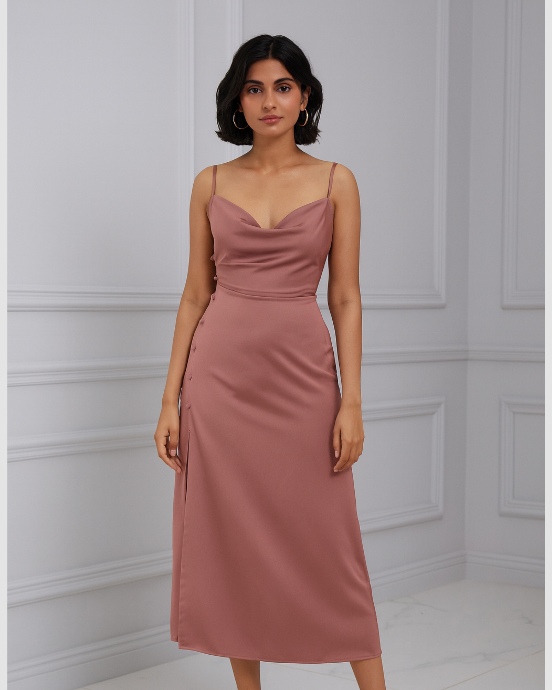 Pink Solid Draped Cowl Neck Midi Dress with Slit Detail