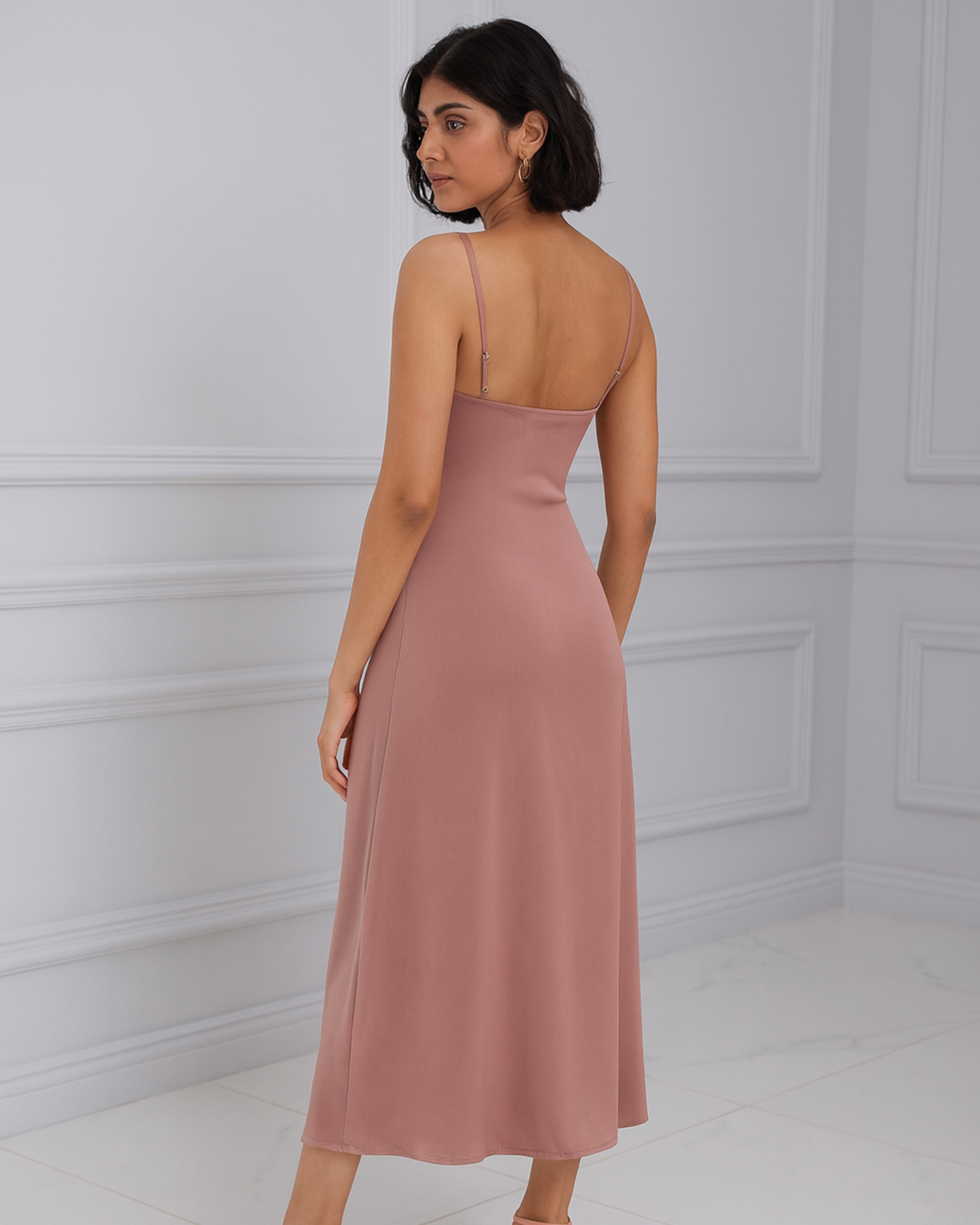 Pink Solid Draped Cowl Neck Midi Dress with Slit Detail