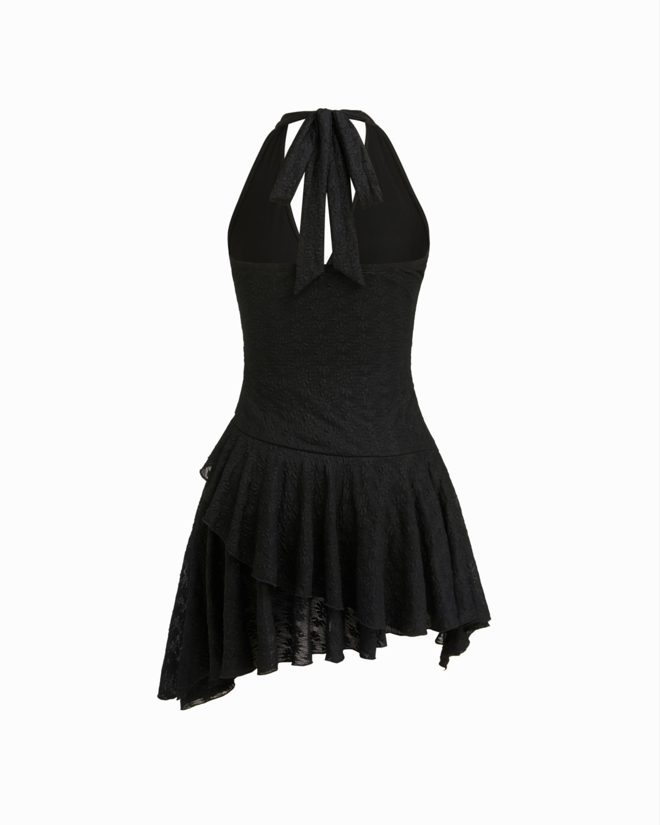 Black Lace Halter-Neck Mini Dress with Knotted Waist, Metal Accent, and Asymmetrical Hem