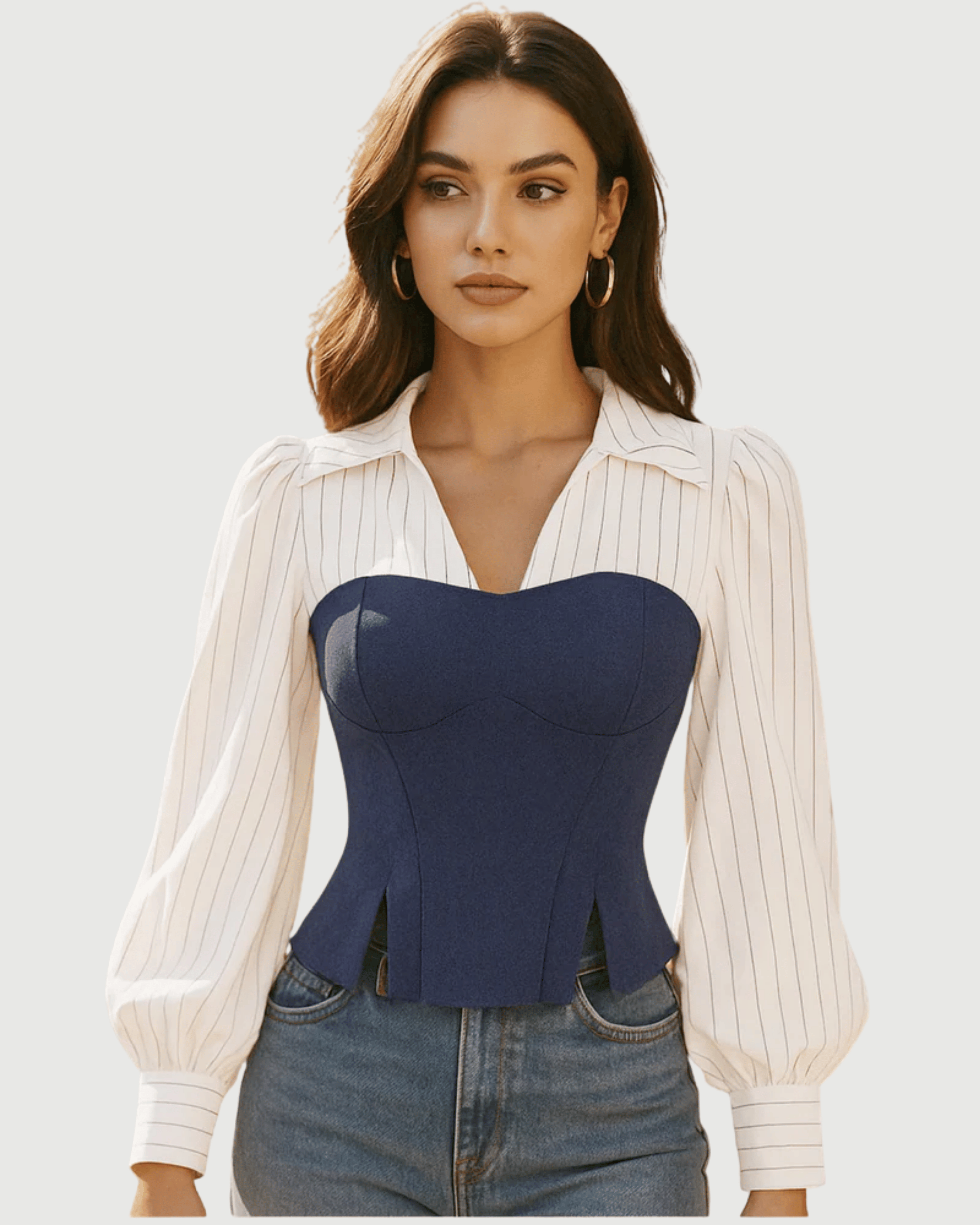 Navy Blue And White Striped Corset Shirt