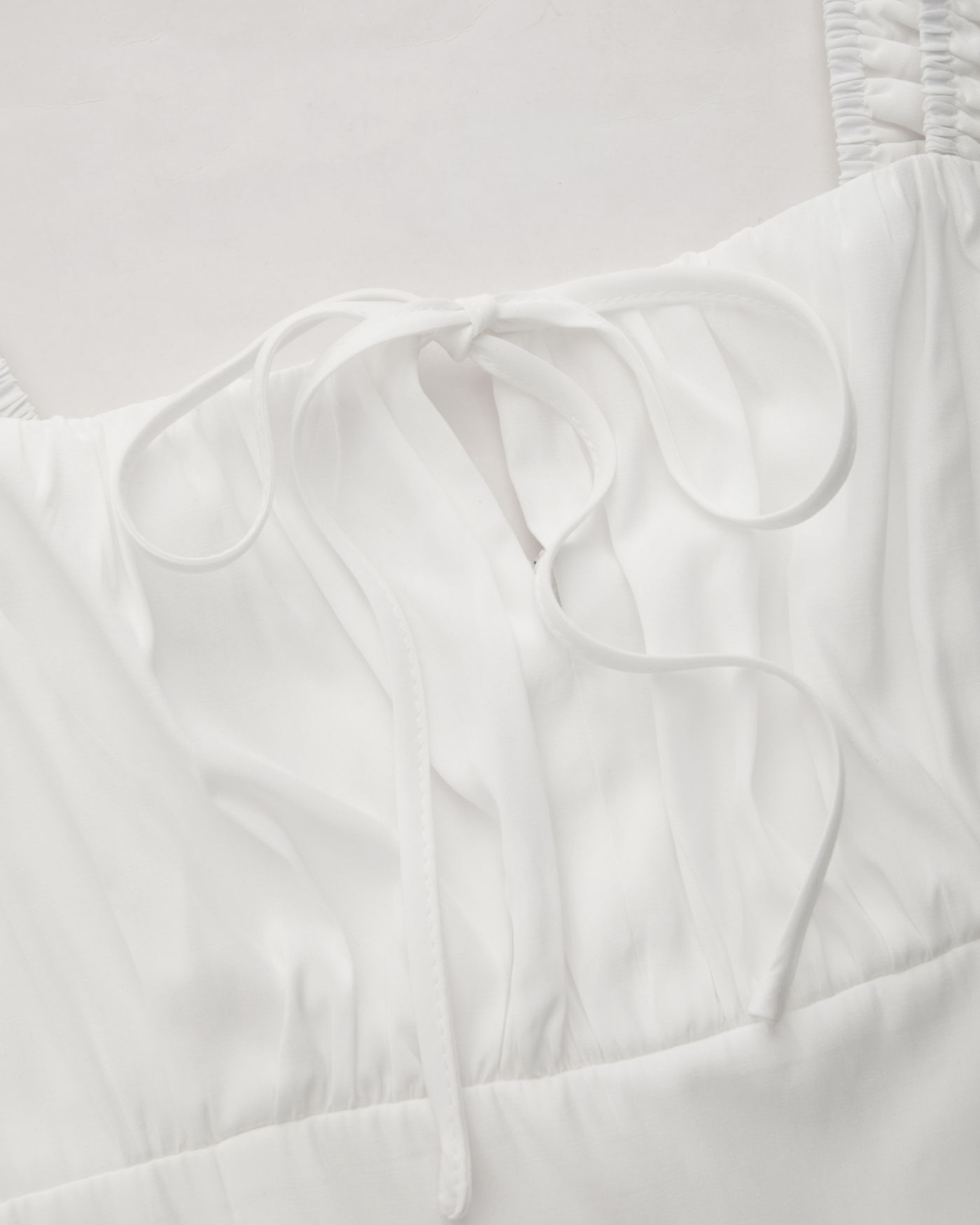 Square-Neck Mini Dress with Ruffled, Knotted Ruched Straps