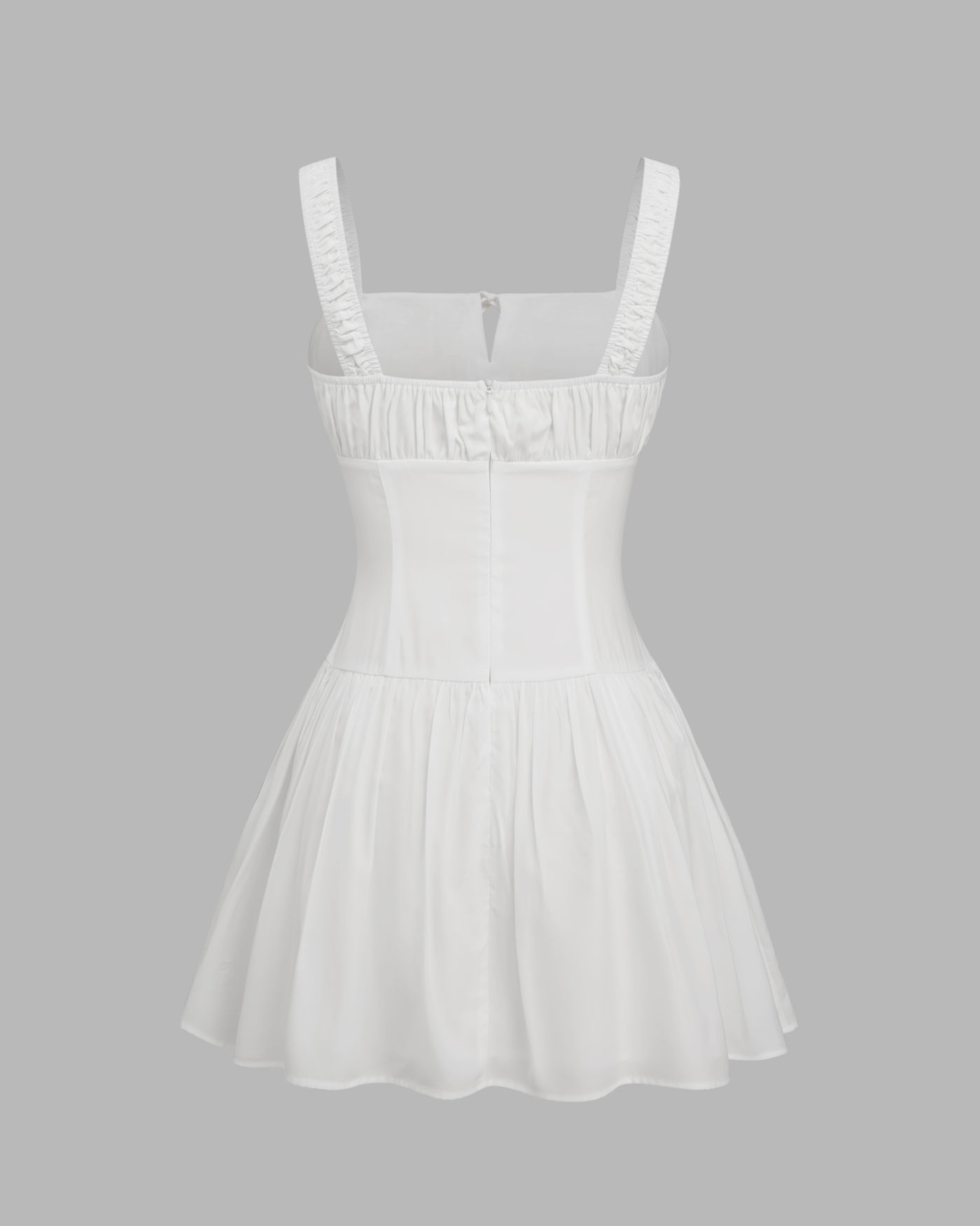 Square-Neck Mini Dress with Ruffled, Knotted Ruched Straps
