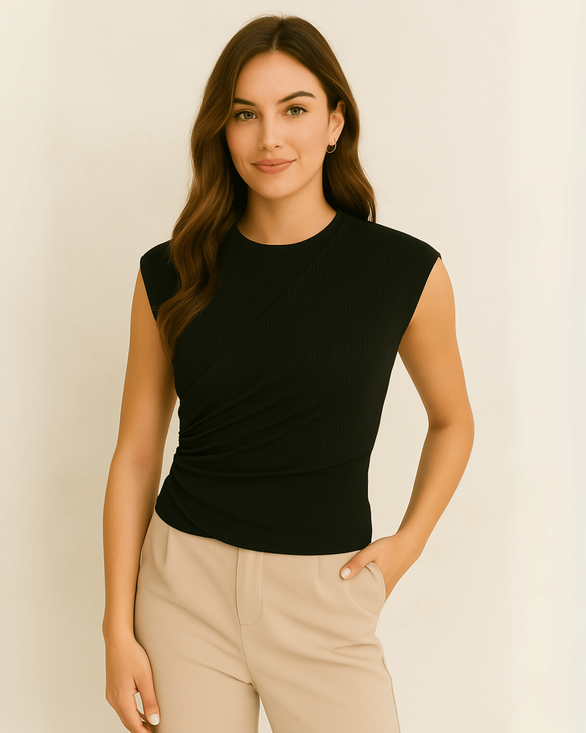 Black Wrap Effect Ribbed Top
