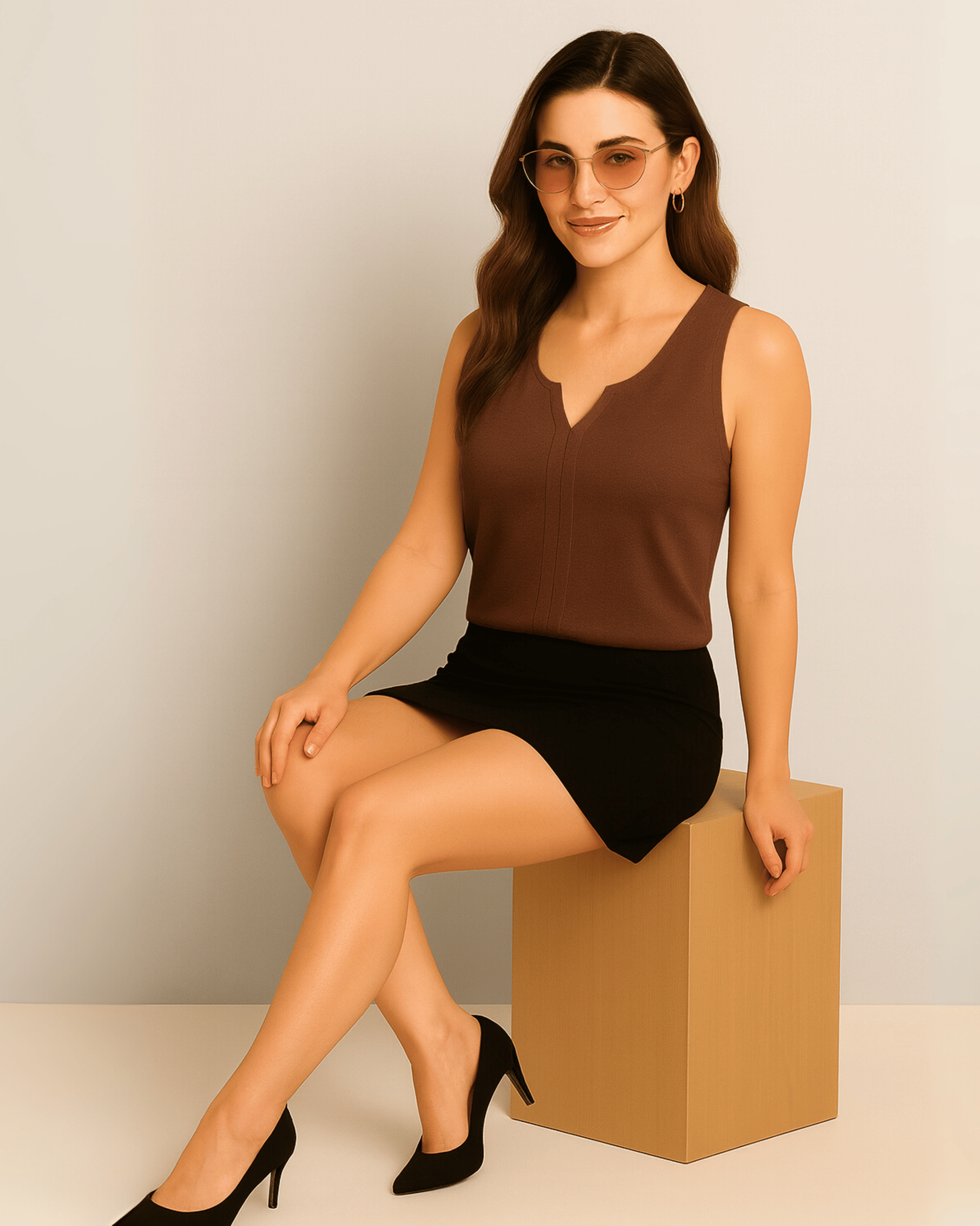 Brown V-Neck Pleated Tank Top