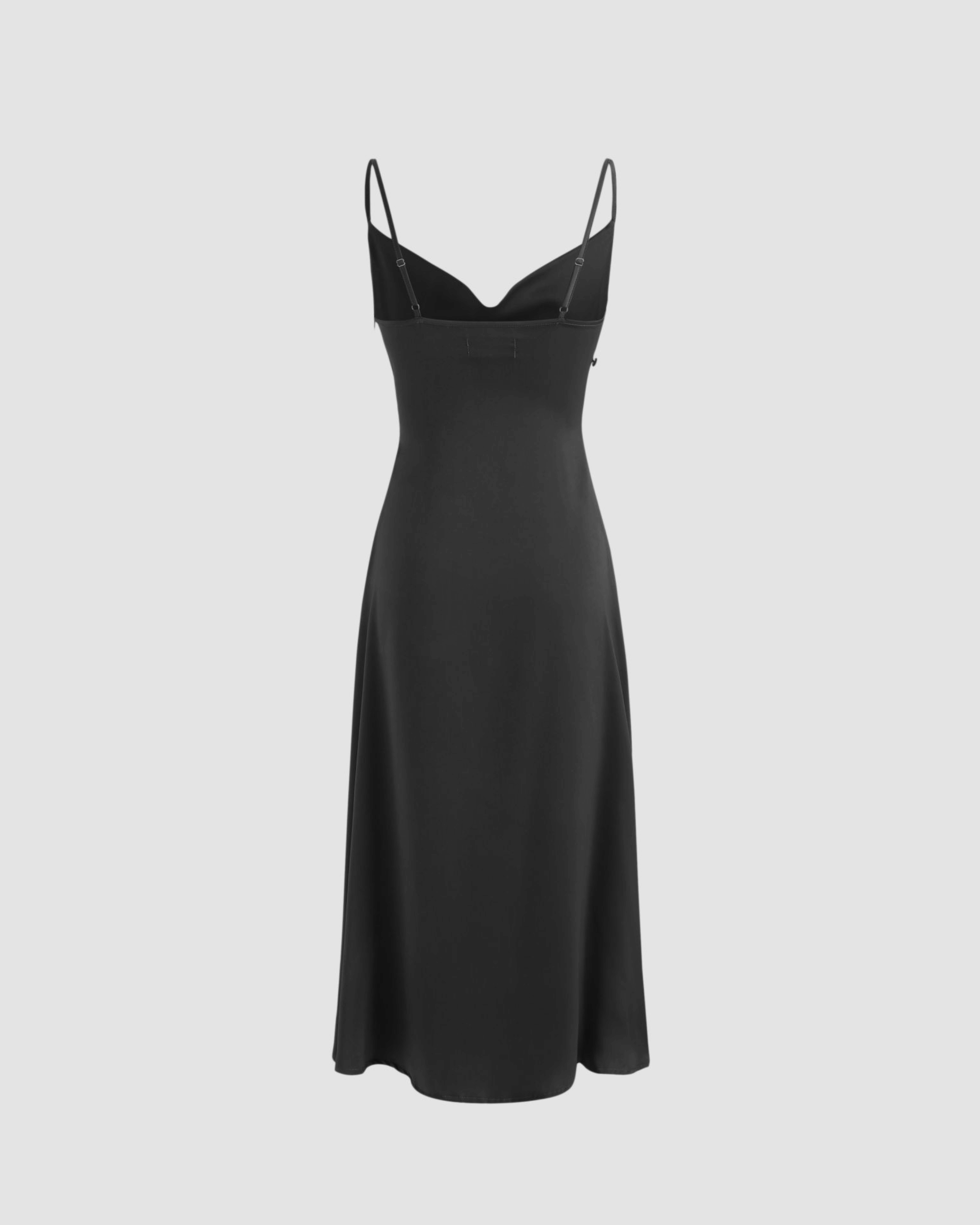Black Solid Draped Cowl Neck Midi Dress with Slit Detail