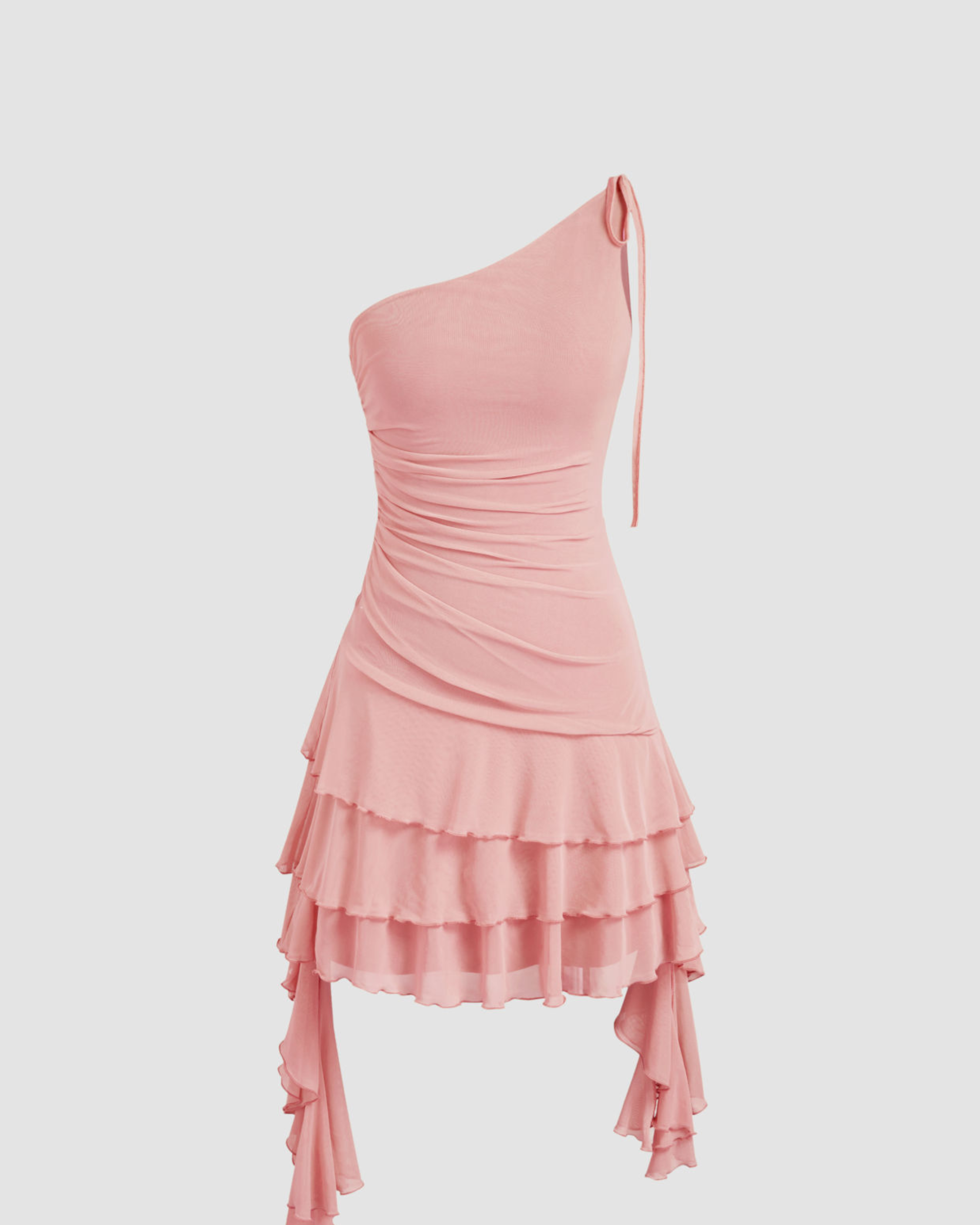 Solid Mesh Asymmetrical Neck Mini Dress with Tiered Ruffle Hem for Women