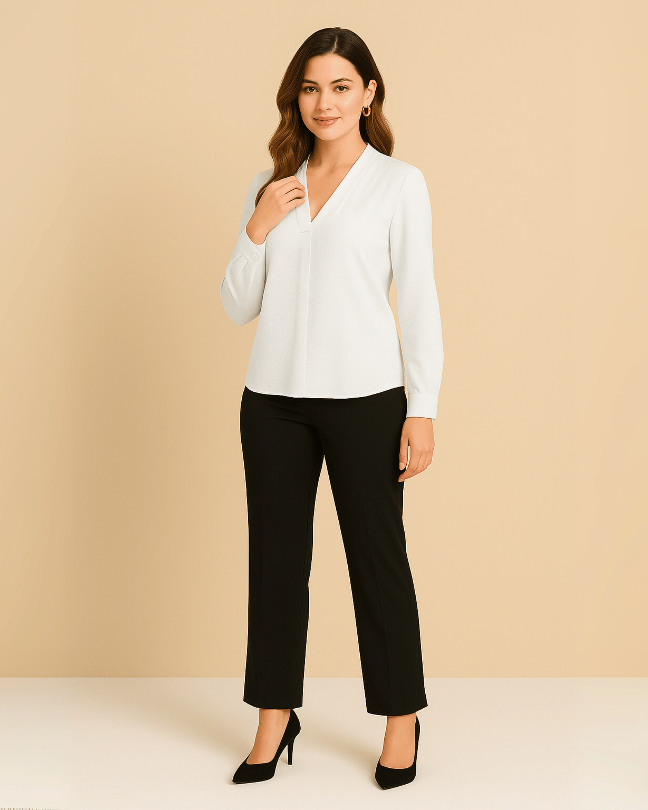 White Long-Sleeve V-Neck Top