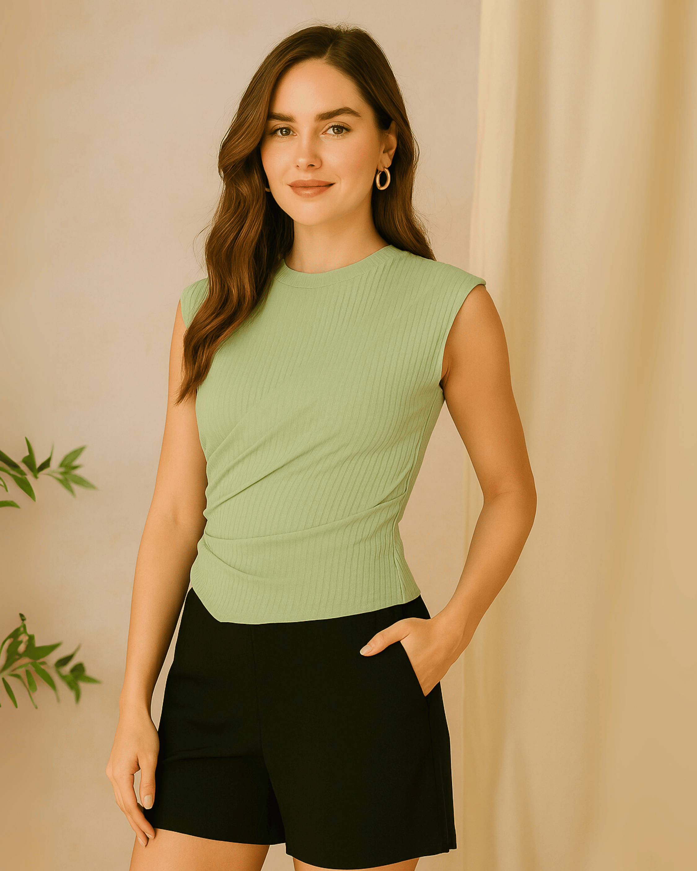 Light Green Ribbed Wrap Top