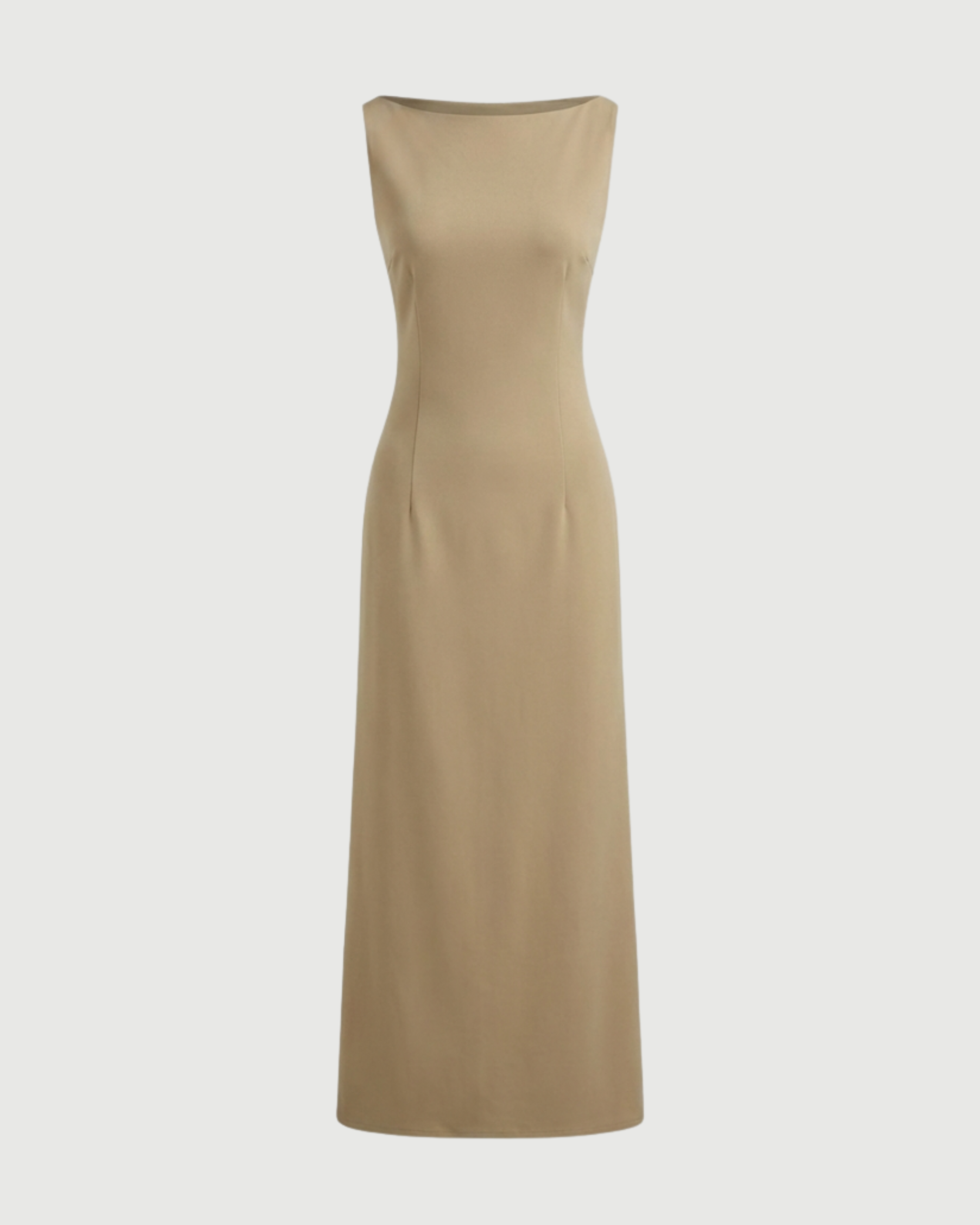 Boat Neck Solid Maxi Dress-Beige