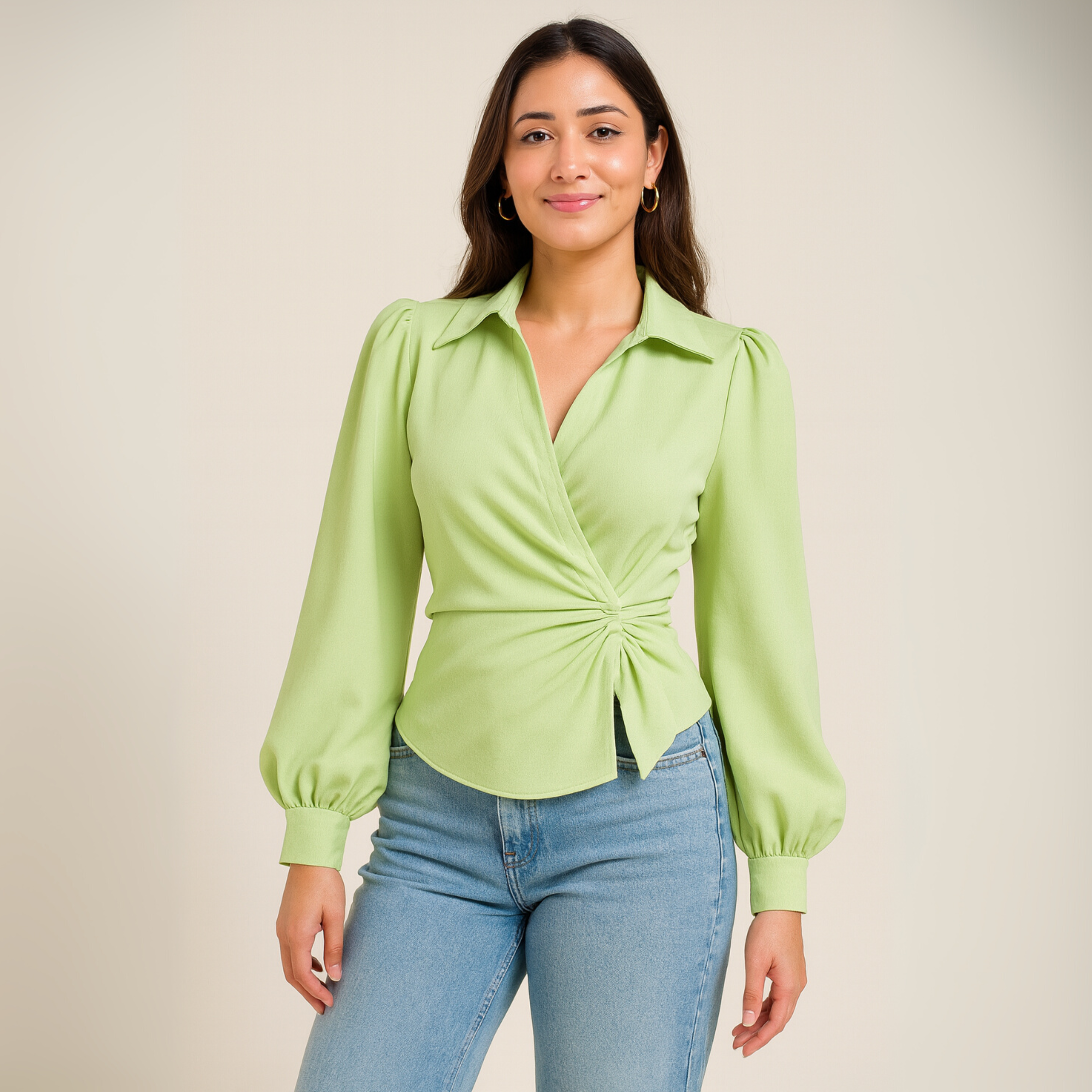 Green V-Neck Bubble Wrap Top